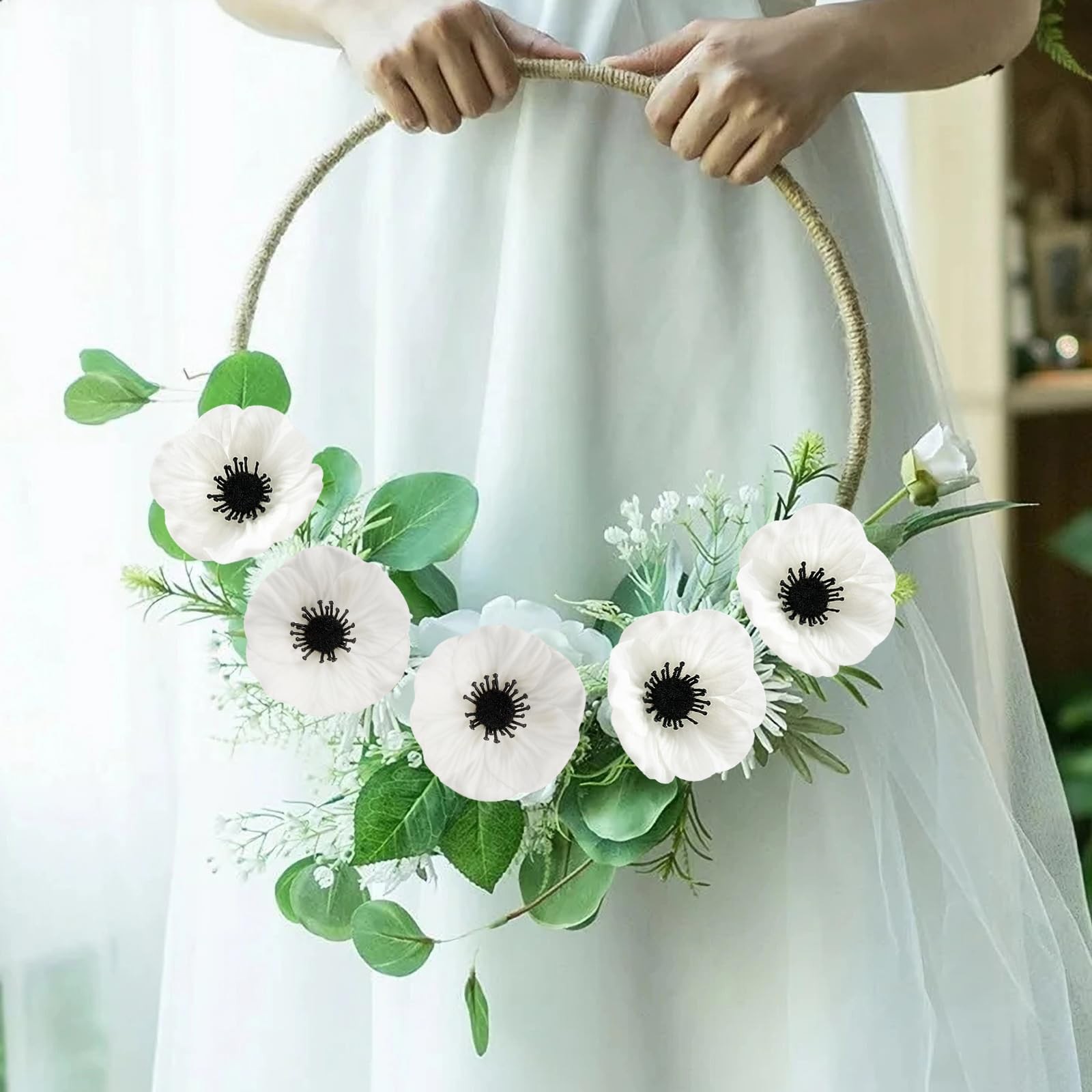 Artificial White Flower, 24 PCS Black and White Flowers, 11 Inch Silk Anemone…