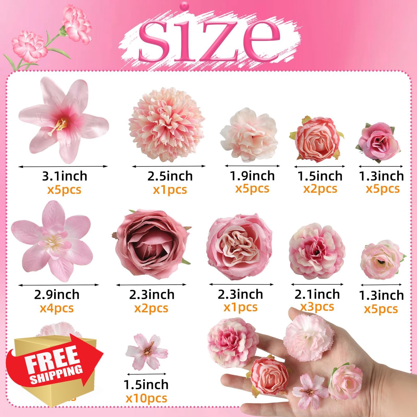 rongflower Silk Artificial Rose Peony Daisy Flower Heads Bulk 48 Pack Pink