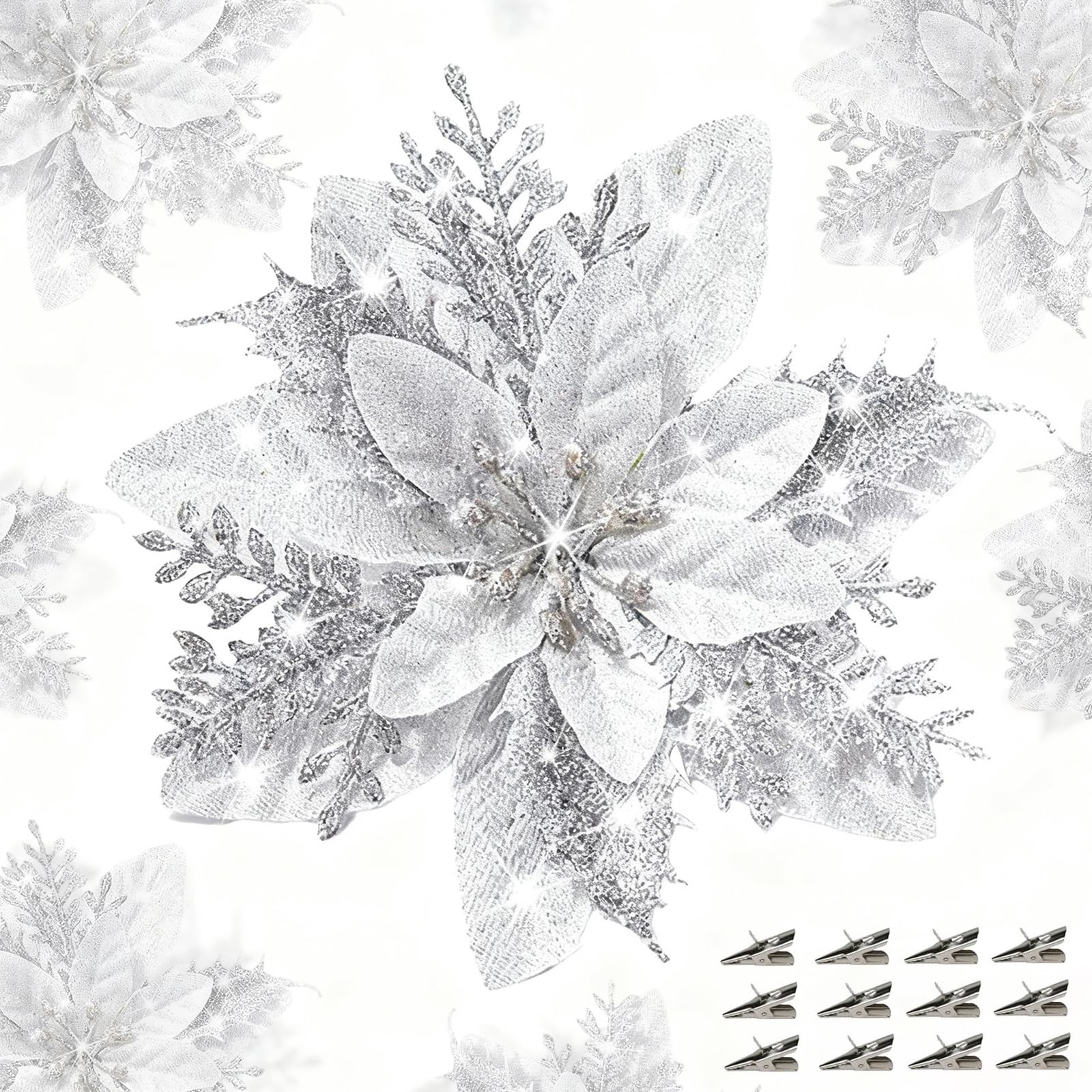 24 PCS Silver Christmas Artificial Poinsettia Flowers Glitter 5.9 Inch Clips