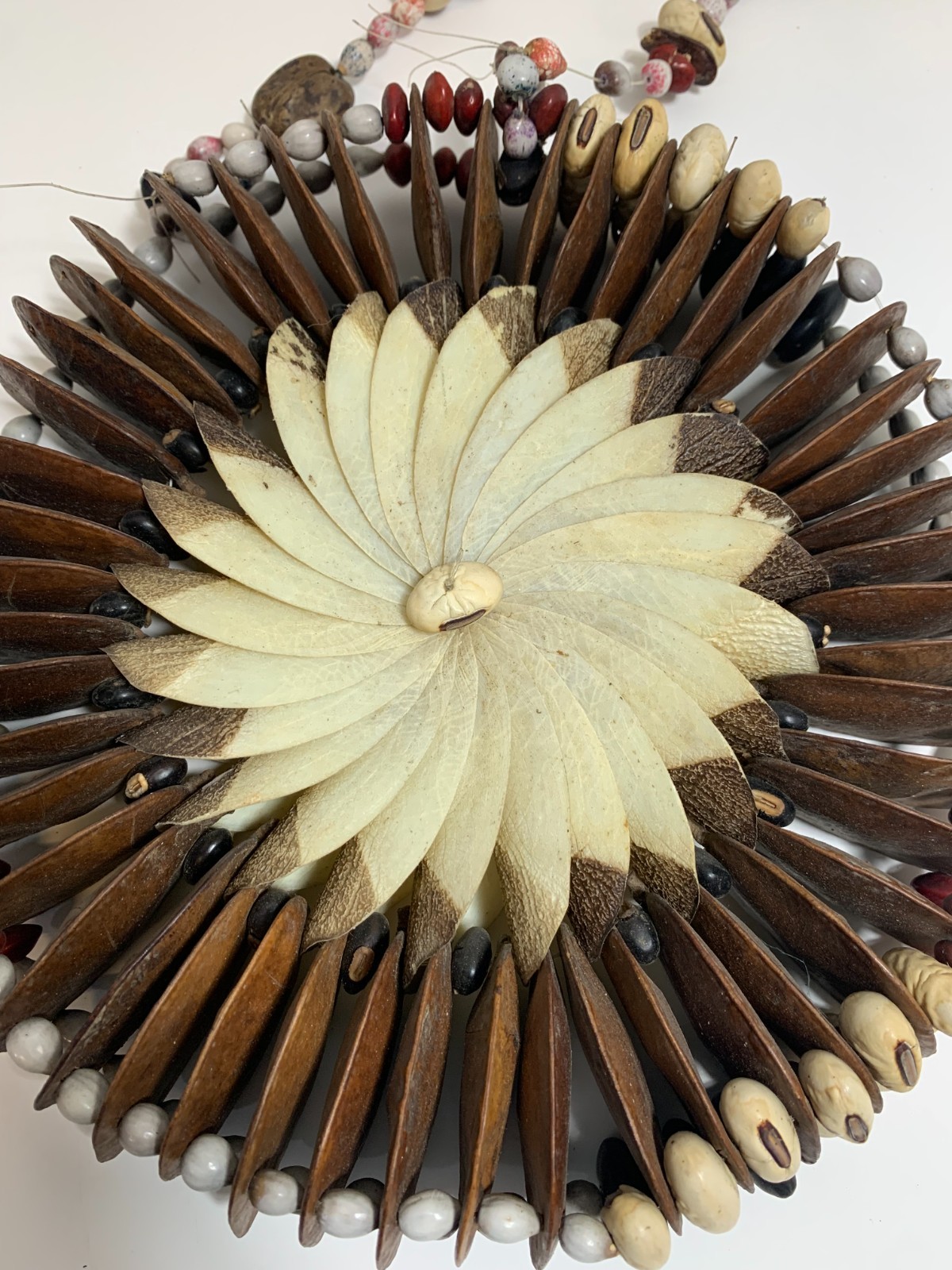 Vintage Ethnic Bean Pod Wall Wreath or Necklace Brown White Color Beans Decor