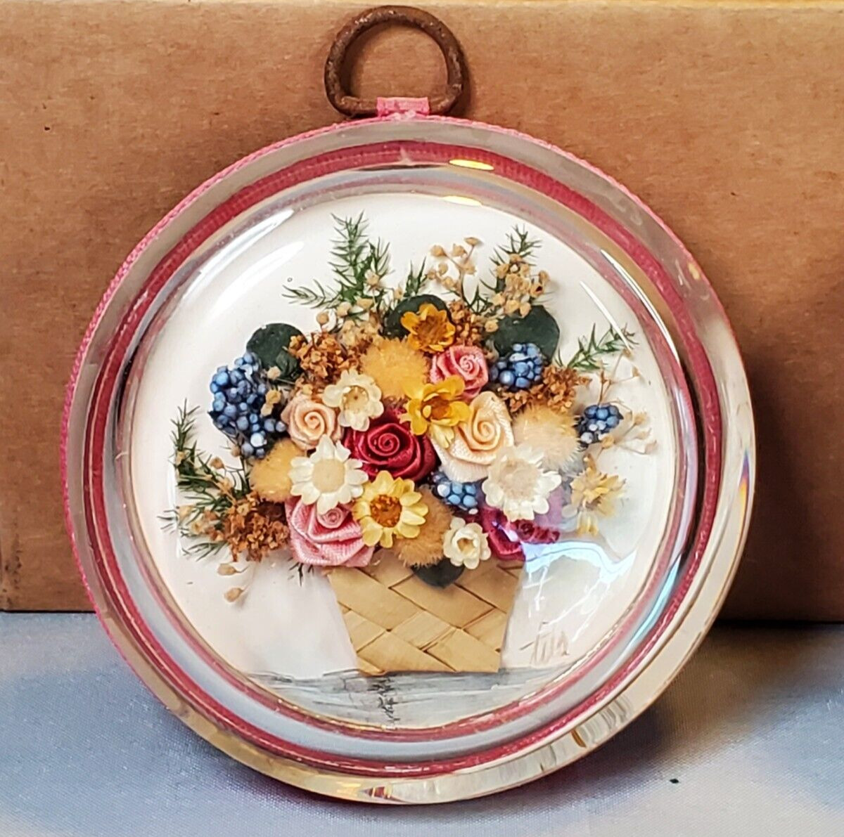 Convex Glass Bubble Dried Floral Silk Ribbon Floral Wall Art Shabby Elegance Set