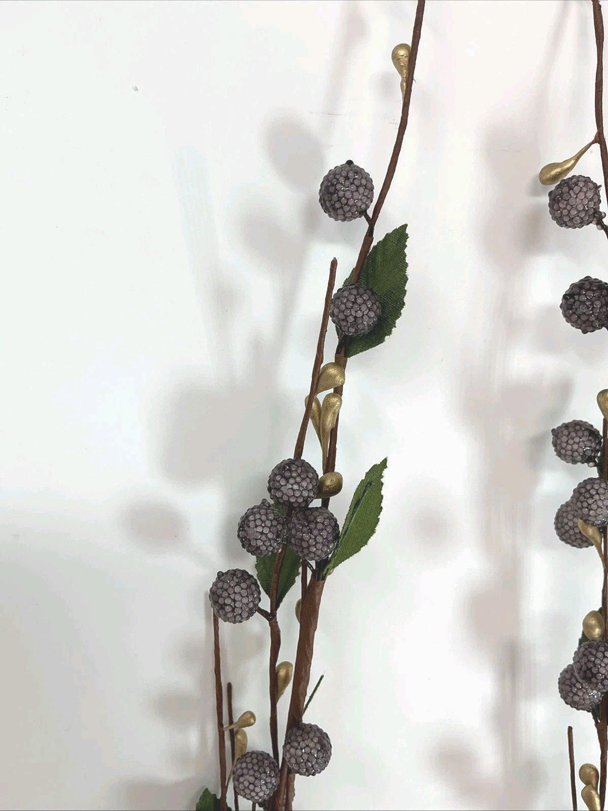 Sugared Berry Floral Pick 23” Purple and Gold Berries Green Leaves 4 Picks NOS