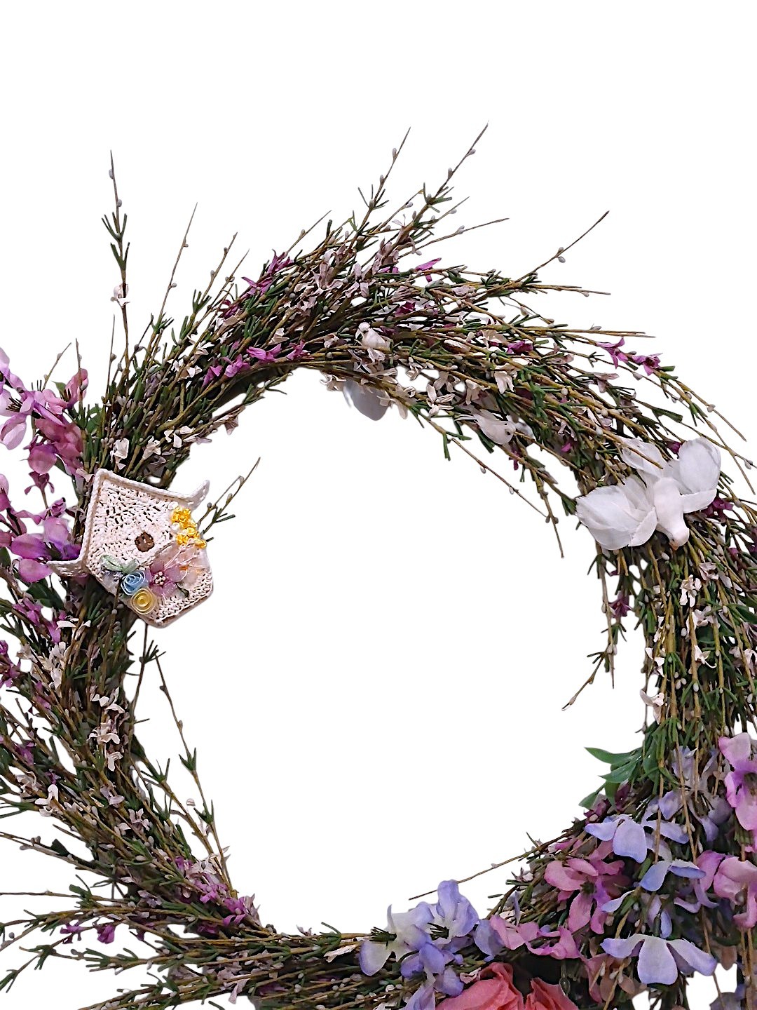 Spring Summer Door Wreath 18″ Field of Flowers Crochet Feather Bird House Wall