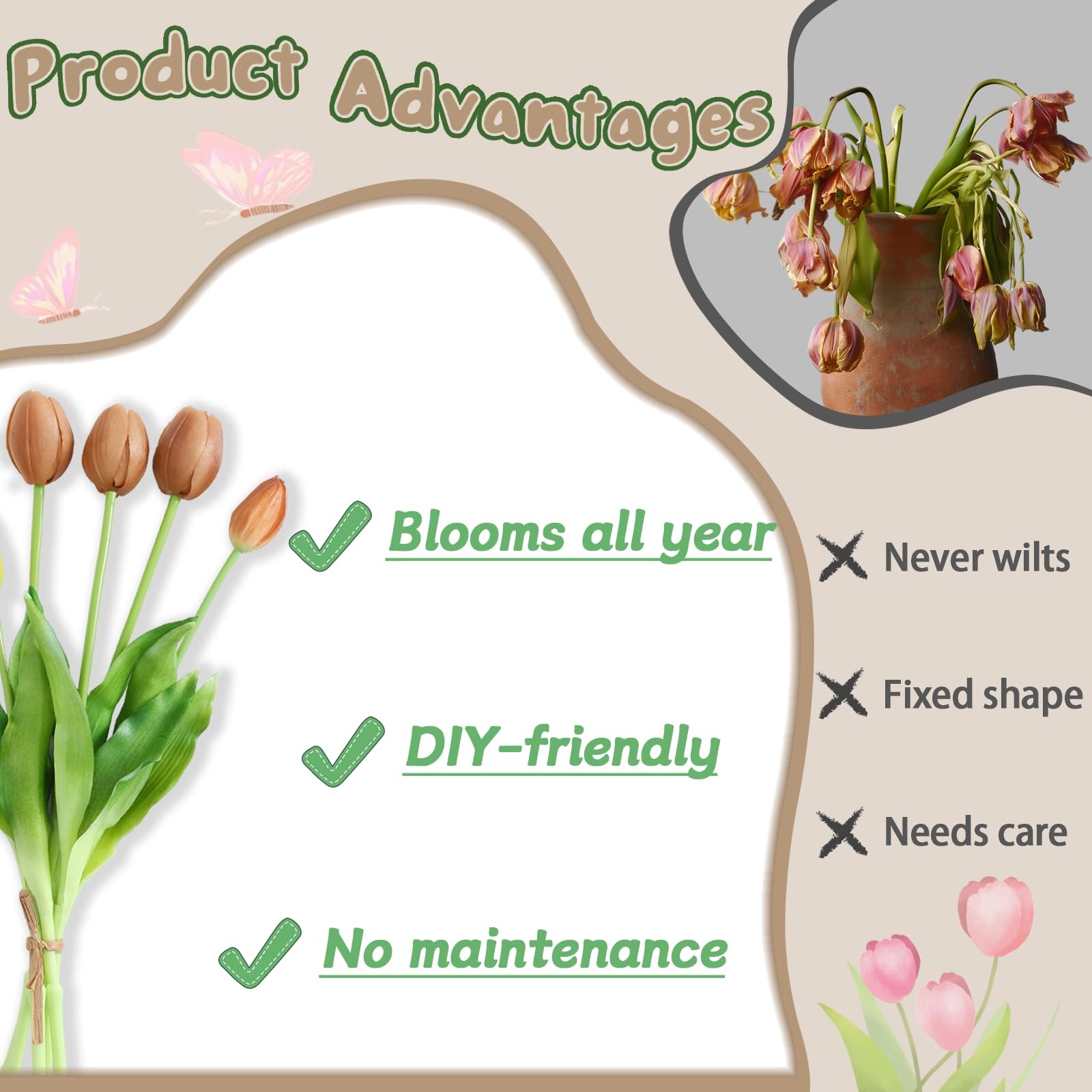 15 PCS Autumn Brown Latex Artificial Tulips Faux Flowers Waterproof Decor
