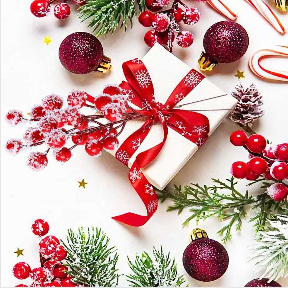 24 PCS Artificial Holly Berry Stem Picks with Snowflake Glitter Christmas Tre…