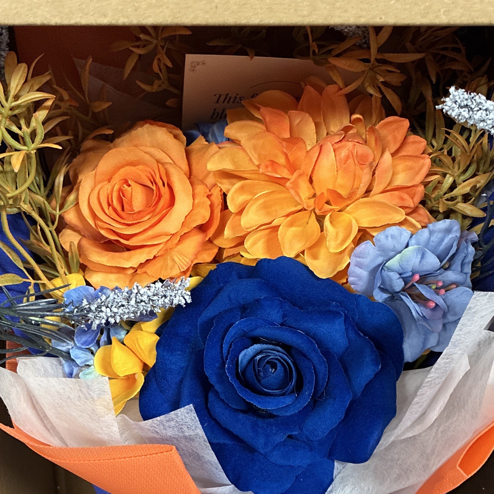 Artificial Rose Flower Bouquet Arrangement & Centerpiece in Gift Box Blue Orange