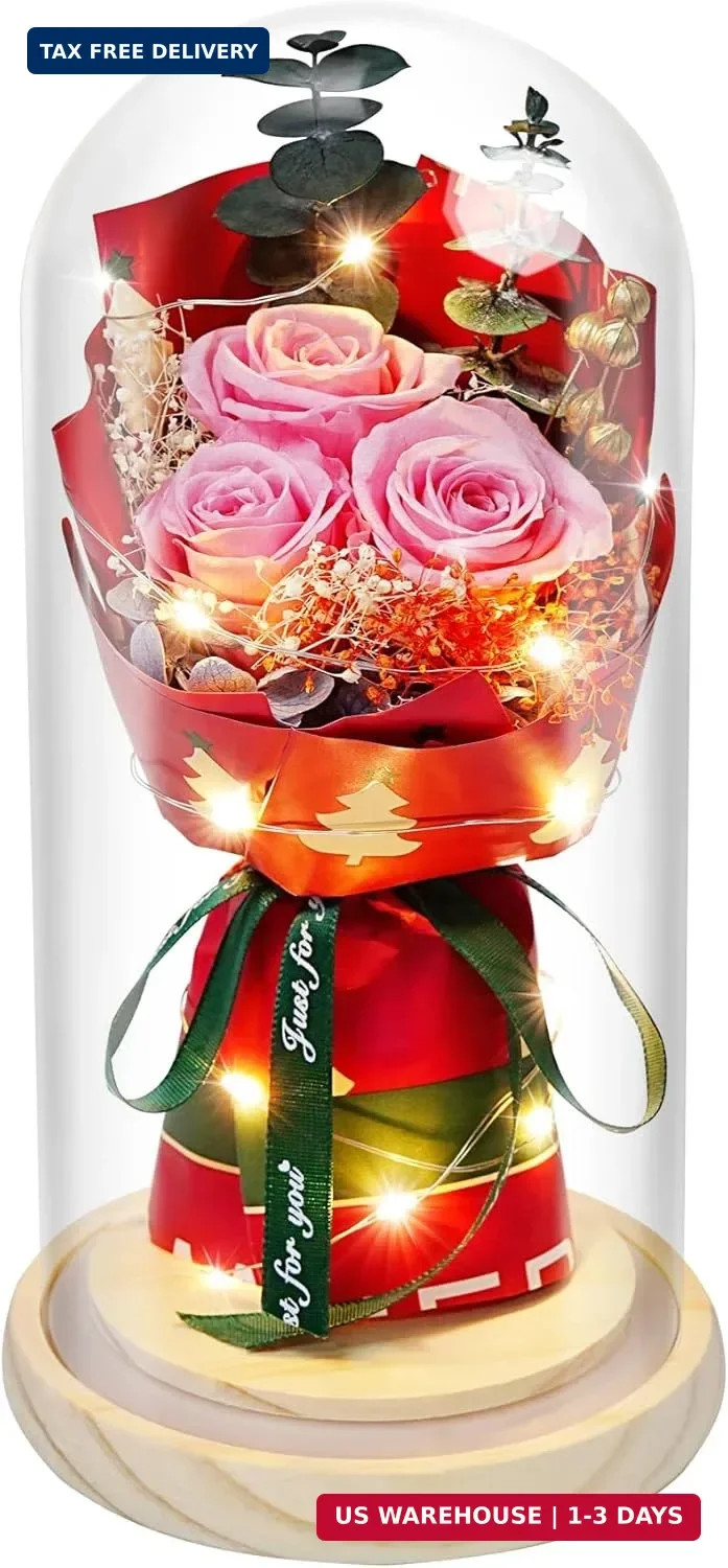 HVY Preserved Flowers in Glass for Her,Pink Real Rose Bouquet with LED Light,Ete