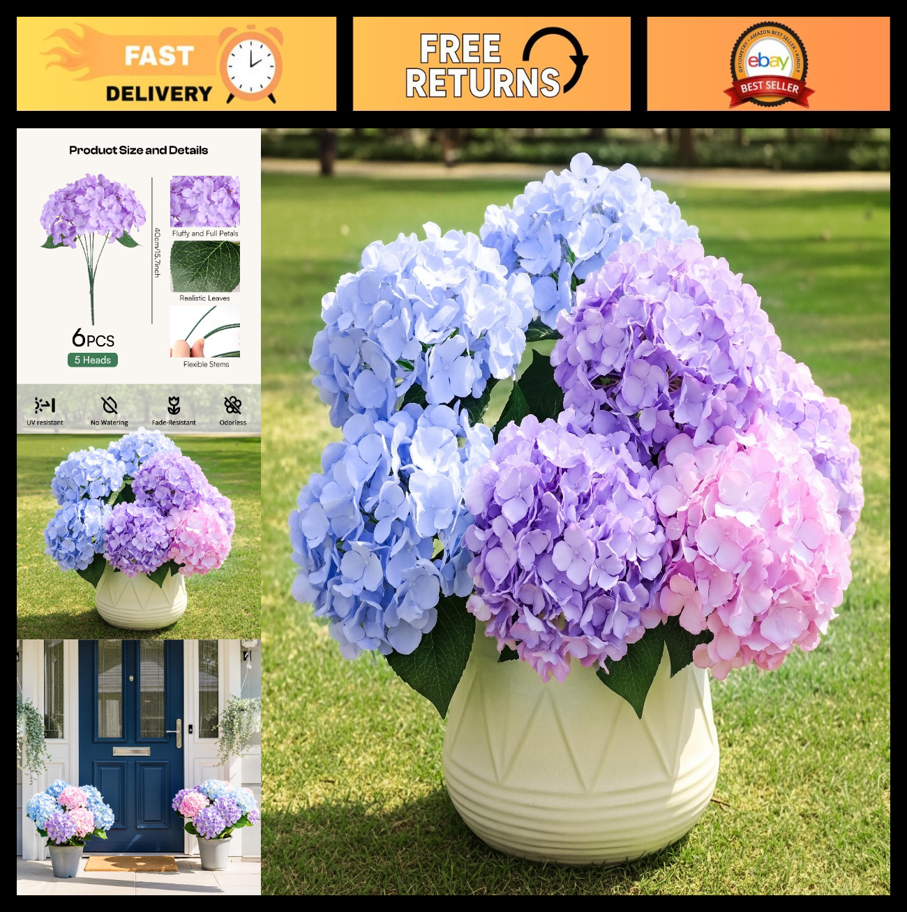 6 Bundles UV Resistant Faux Hydrangea Flowers – 30 Heads for Indoor/Outdoor Deco
