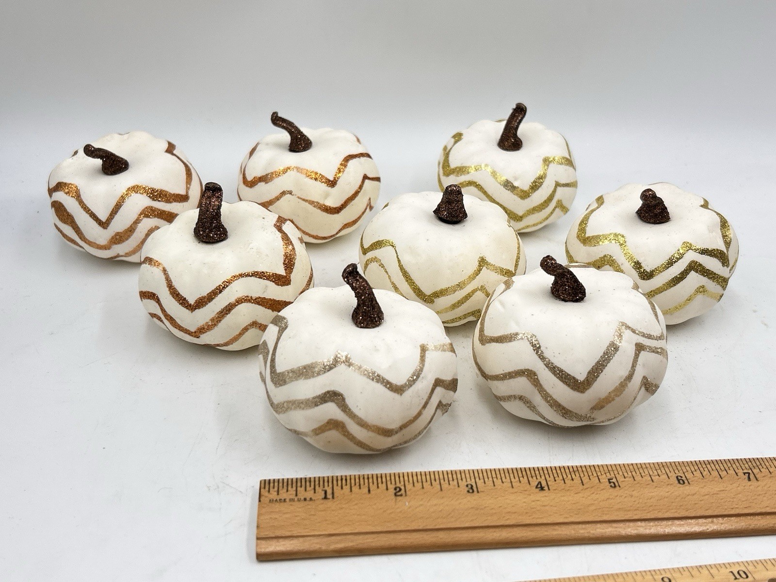 Artificial Faux Pumpkins, 8 PCS White Lifelike Zig Zag Gold/Bronze Paint Glitter