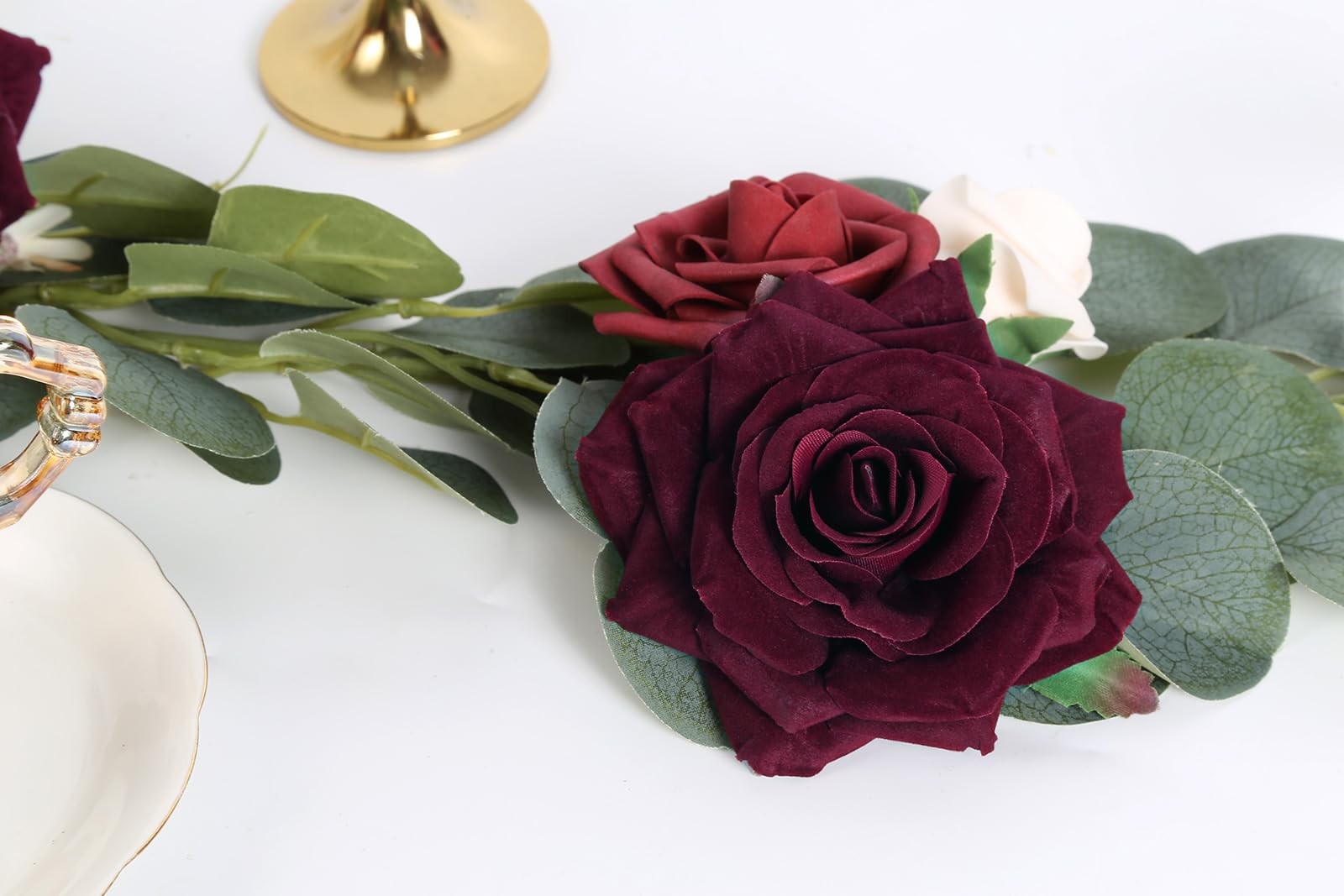 Artificial Velvet Roses 16 PCS Burgundy Maroon Flowers 4.3 Inch Fake Floral