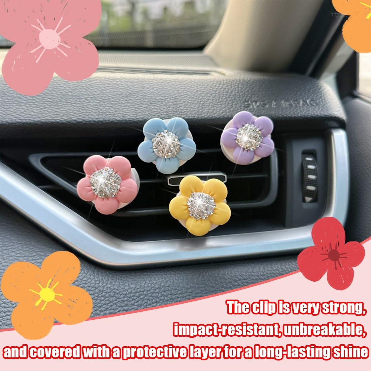 Bling Flower & Bow Car Air Vent Clip, 8PCS Crystal Rhinestone Cute Vehicle Condi