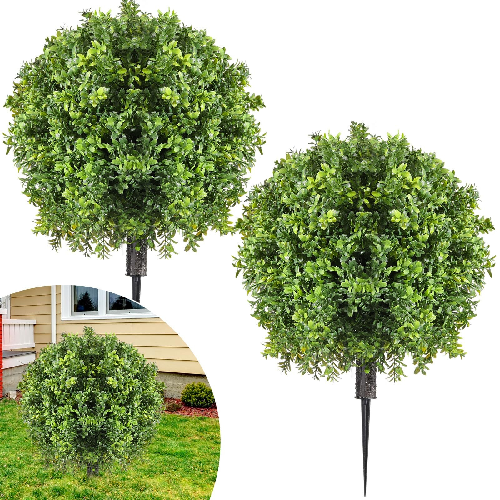 2 Pcs Artificial Boxwood Topiary Ball Bush 26″ Tree UV Resistant with Spike E…