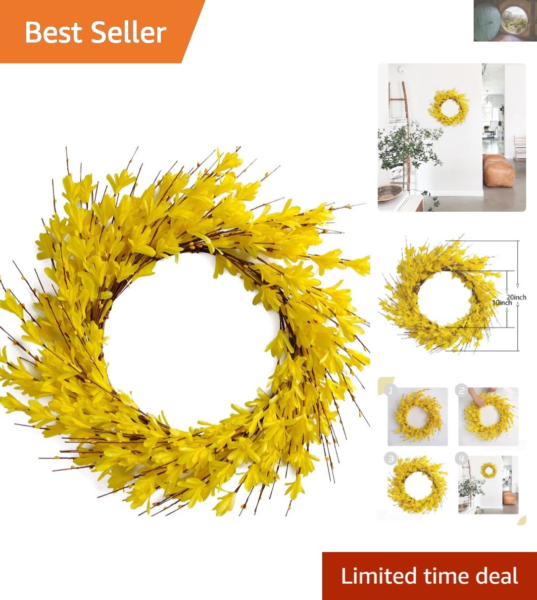 Vibrant Yellow 20-Inch Forsythia Wreath – Perfect for Indoor and Outdoor Use
