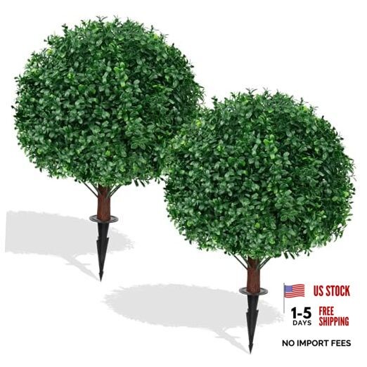 2Pack Artificial Topiary Ball Trees, 16” UV Resistant Fake Evergreen Boxwood