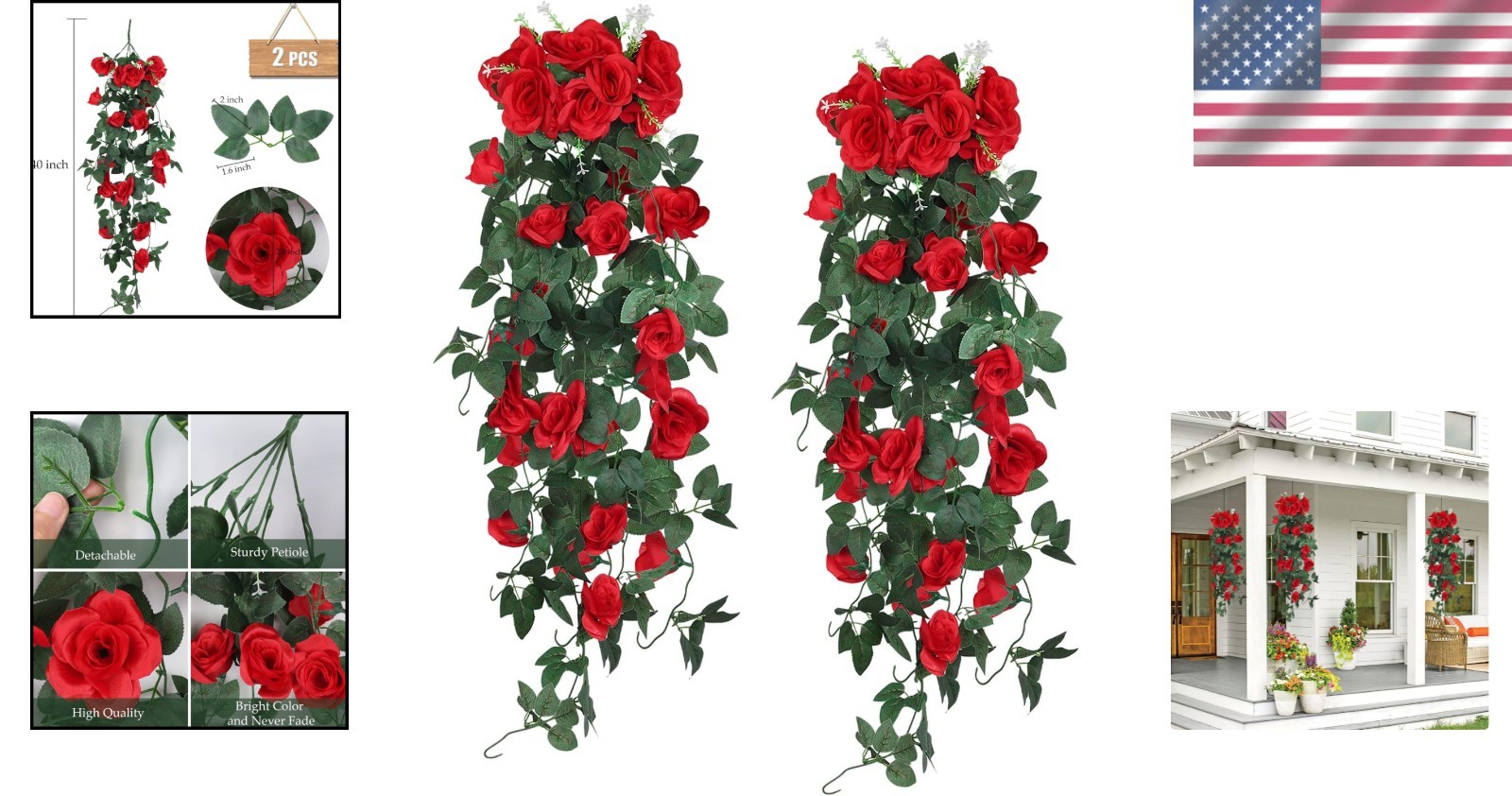 Lifelike Hanging Flower Vines 2PCS 3.3 Feet Red Rose Decoration for Weddings