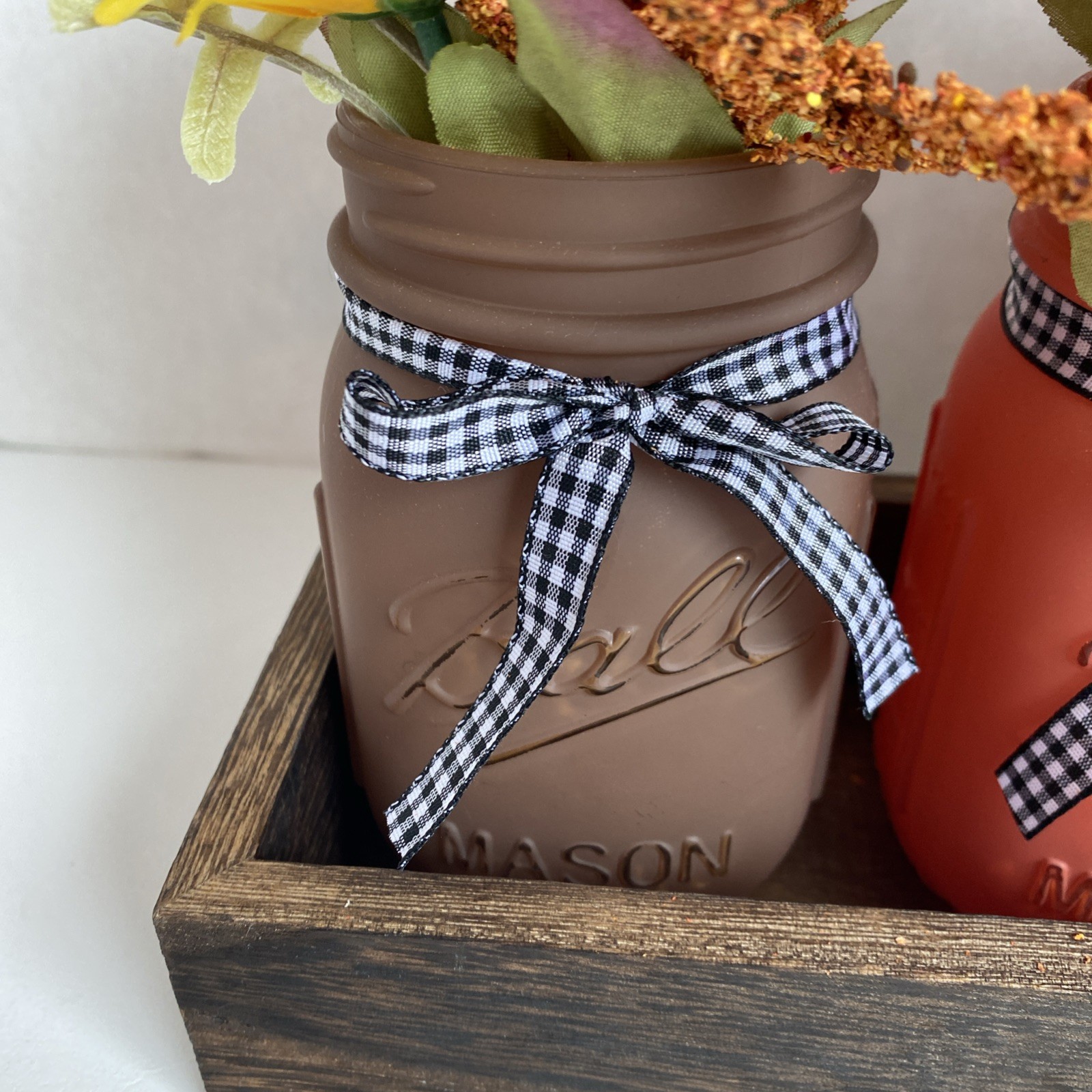 Painted Mason Jars Floral Decor In Tray Light Weight Fall Colors Checked Bows