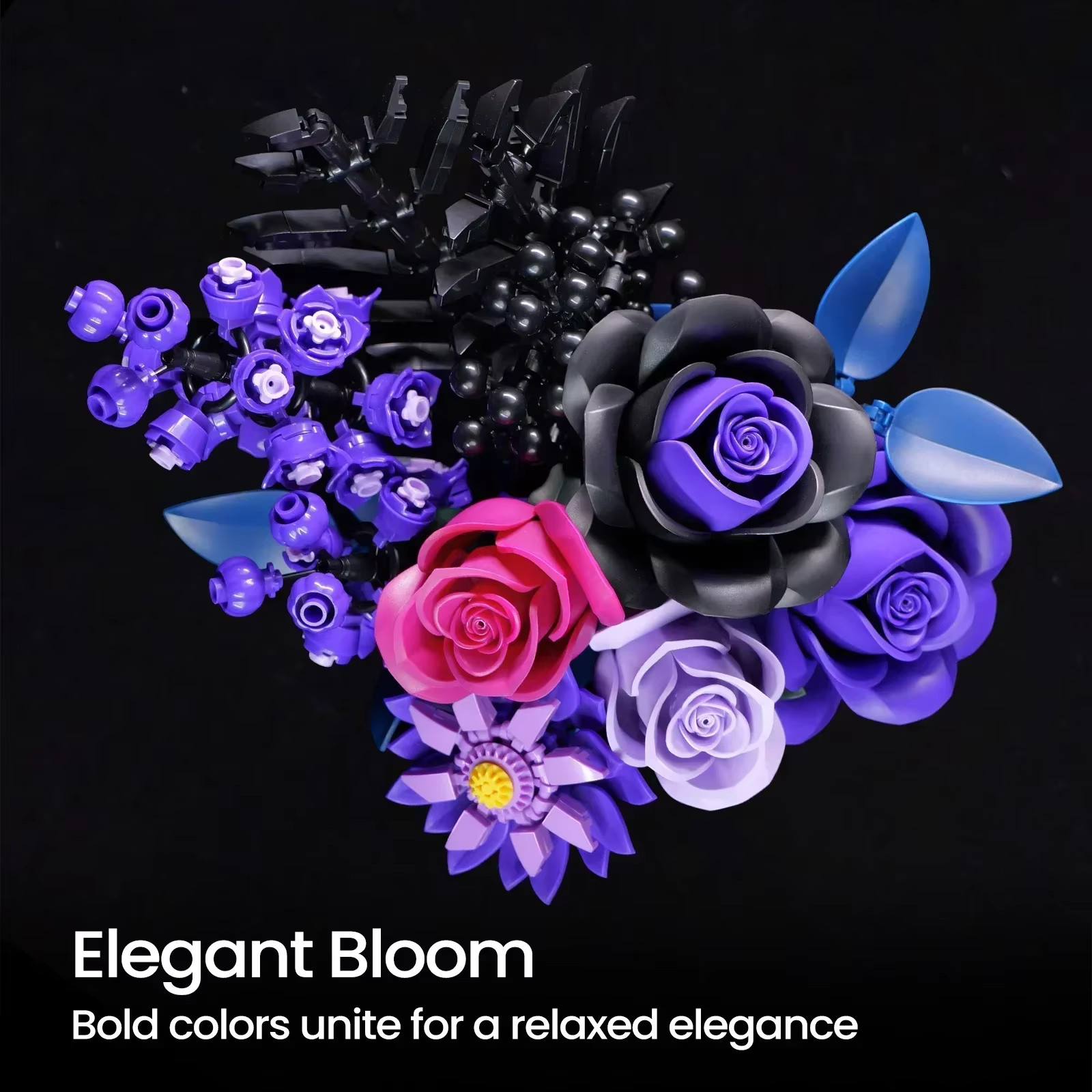 Purple Rose Botanical Building Block Set,Gothic Decor Artificial Rose Flower