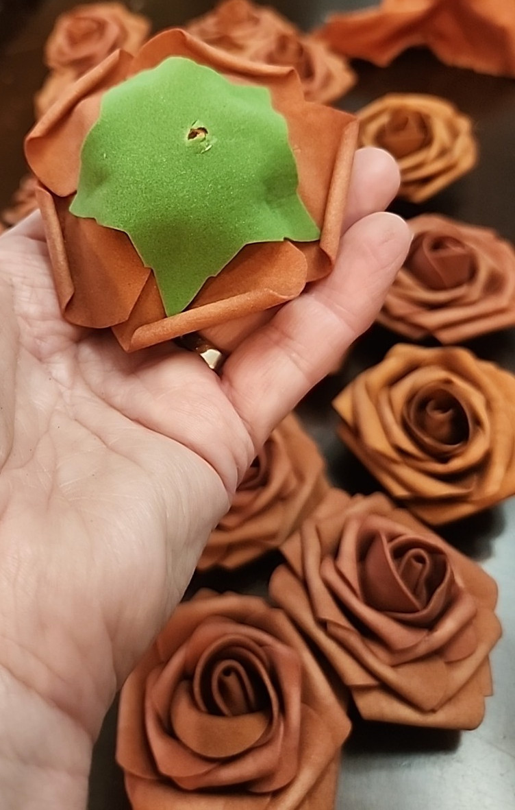 21 Foam Flower Blossom Heads Roses Terracotta Sunset & Burnt Orange Stemless