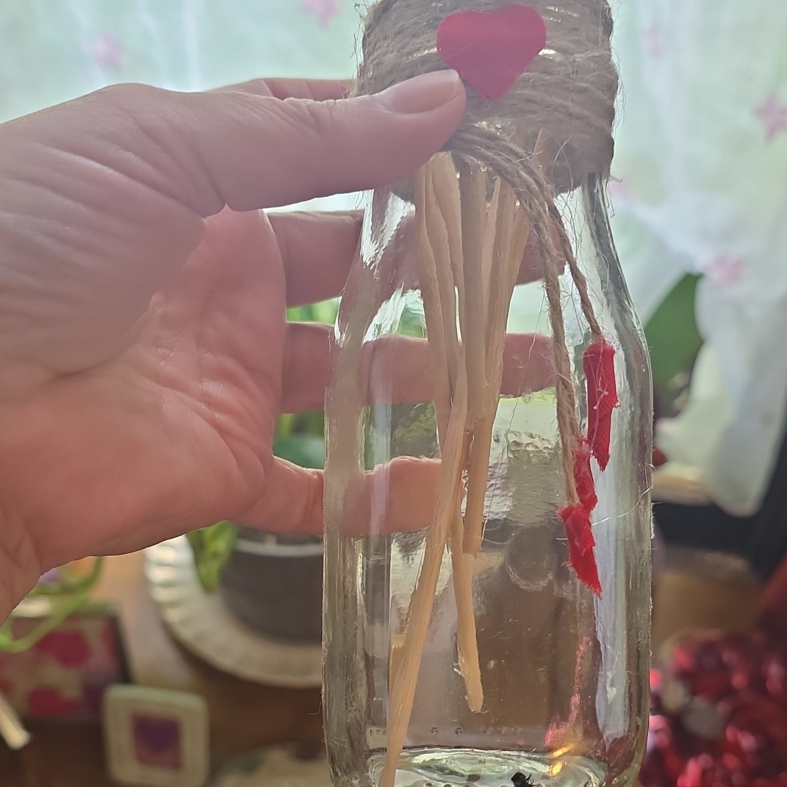 Artificial Red Heart Floral Arrangement Centerpiece Glass Bottle Jar Twine Wrap