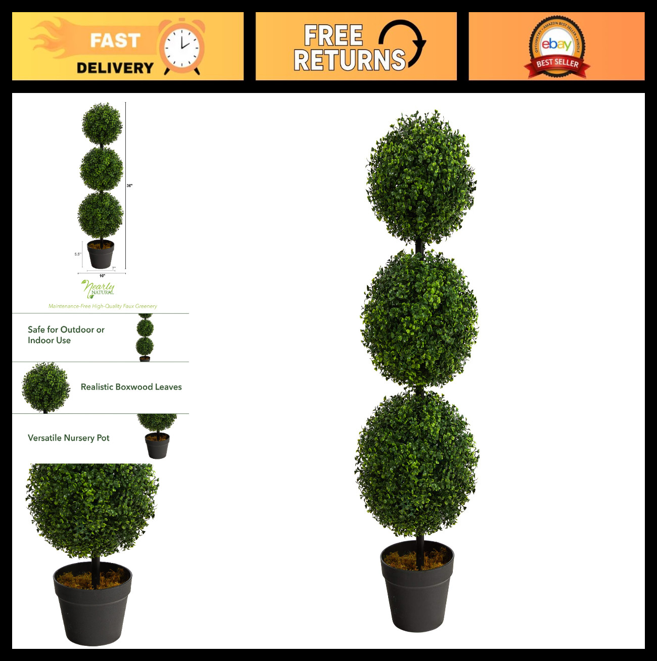 36″ Artificial Triple Ball Boxwood Topiary Tree in Pot | Indoor/Outdoor Decor, R
