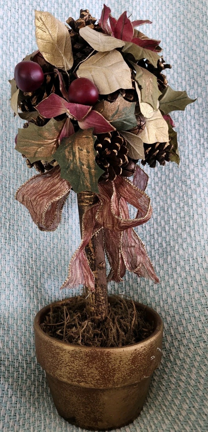 Artificial Topiary Tree Pinecones, Leaves, Berries, Mauve & Gold Color 15”