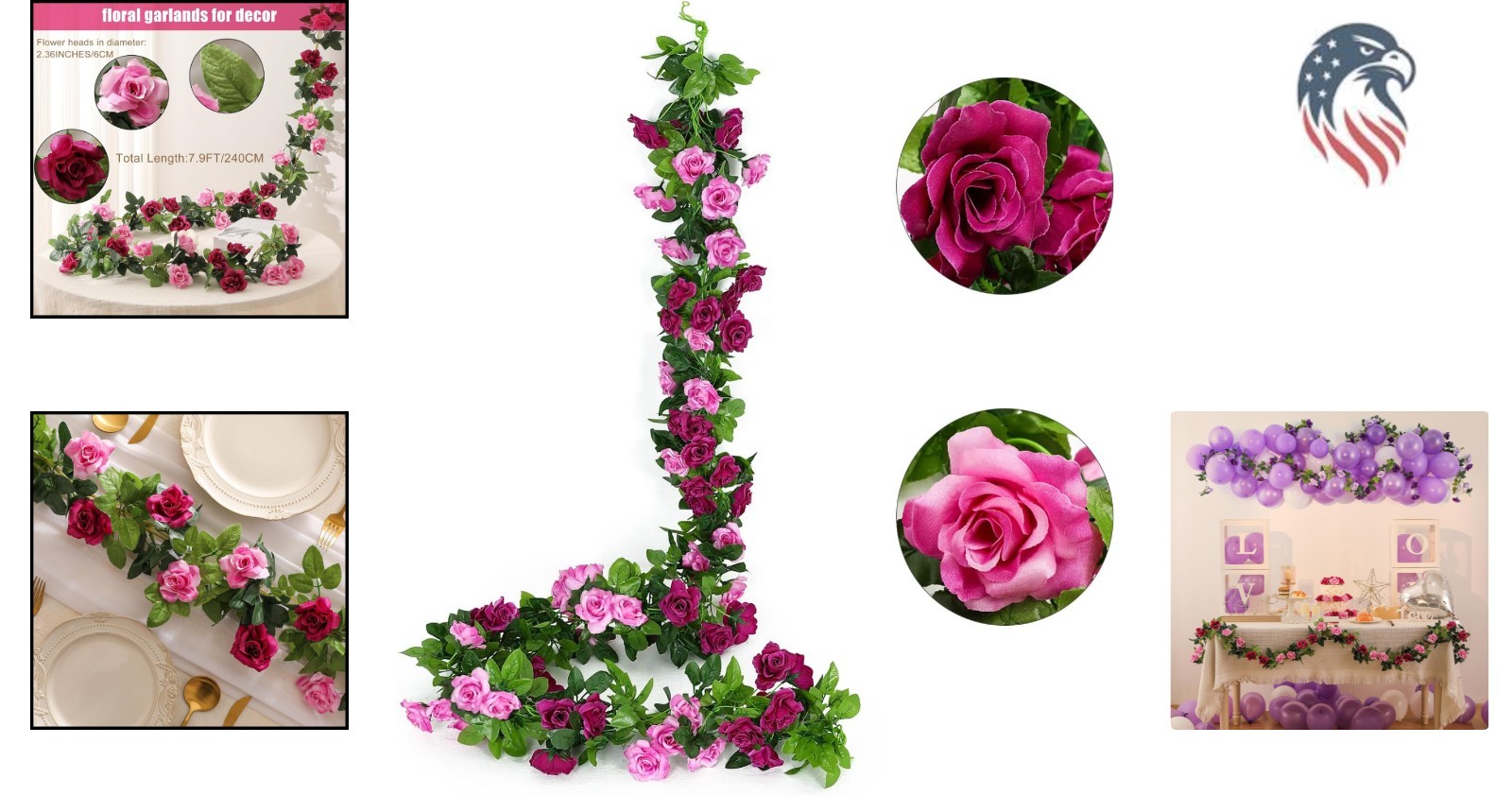 2 Pack Artificial Rose Garland Fuchsia Pink Silk Flower Vines for Wedding Hom…