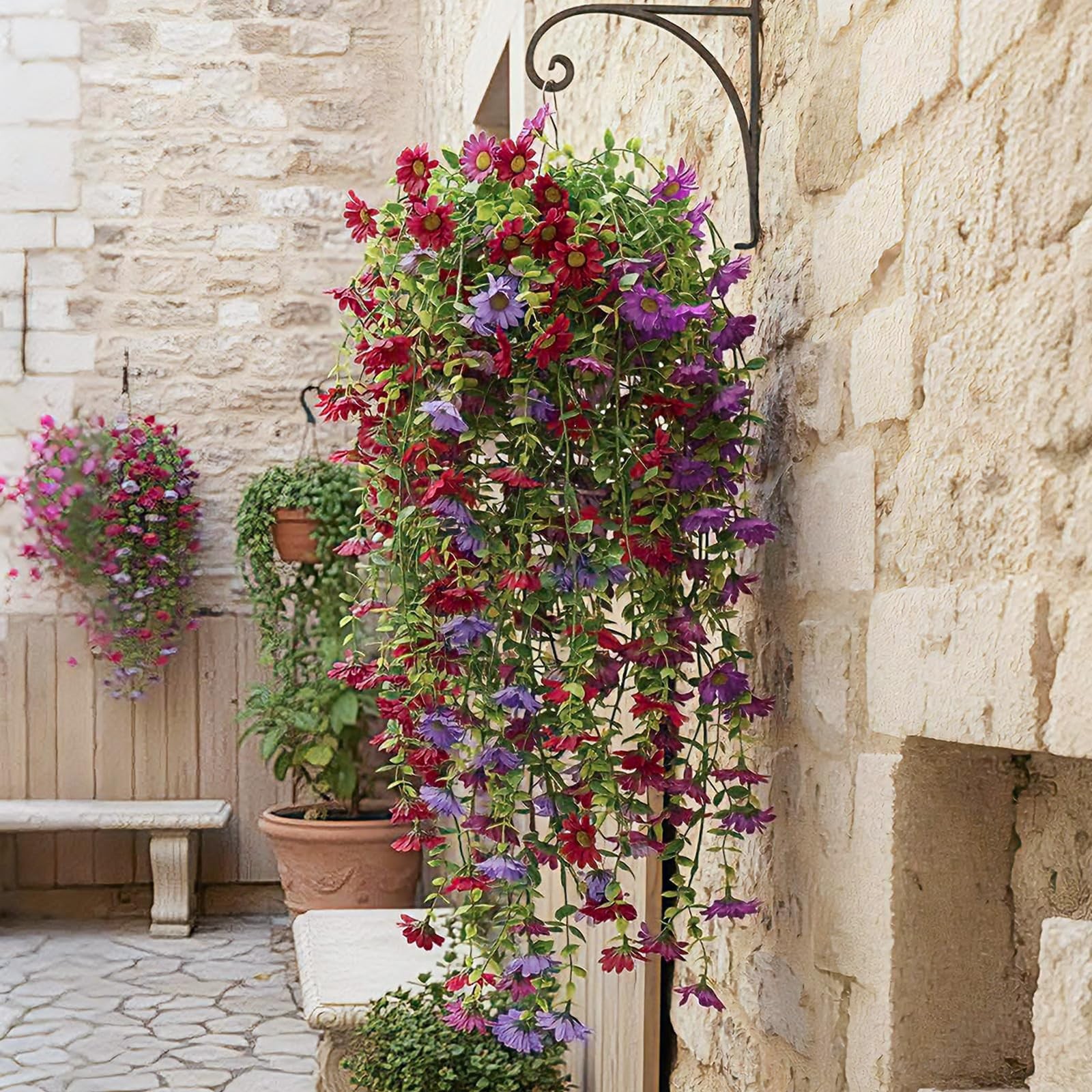 6 Pcs Spring Artificial Hanging Flowers Outdoor Faux Silk Mum Plant Decor Vio…