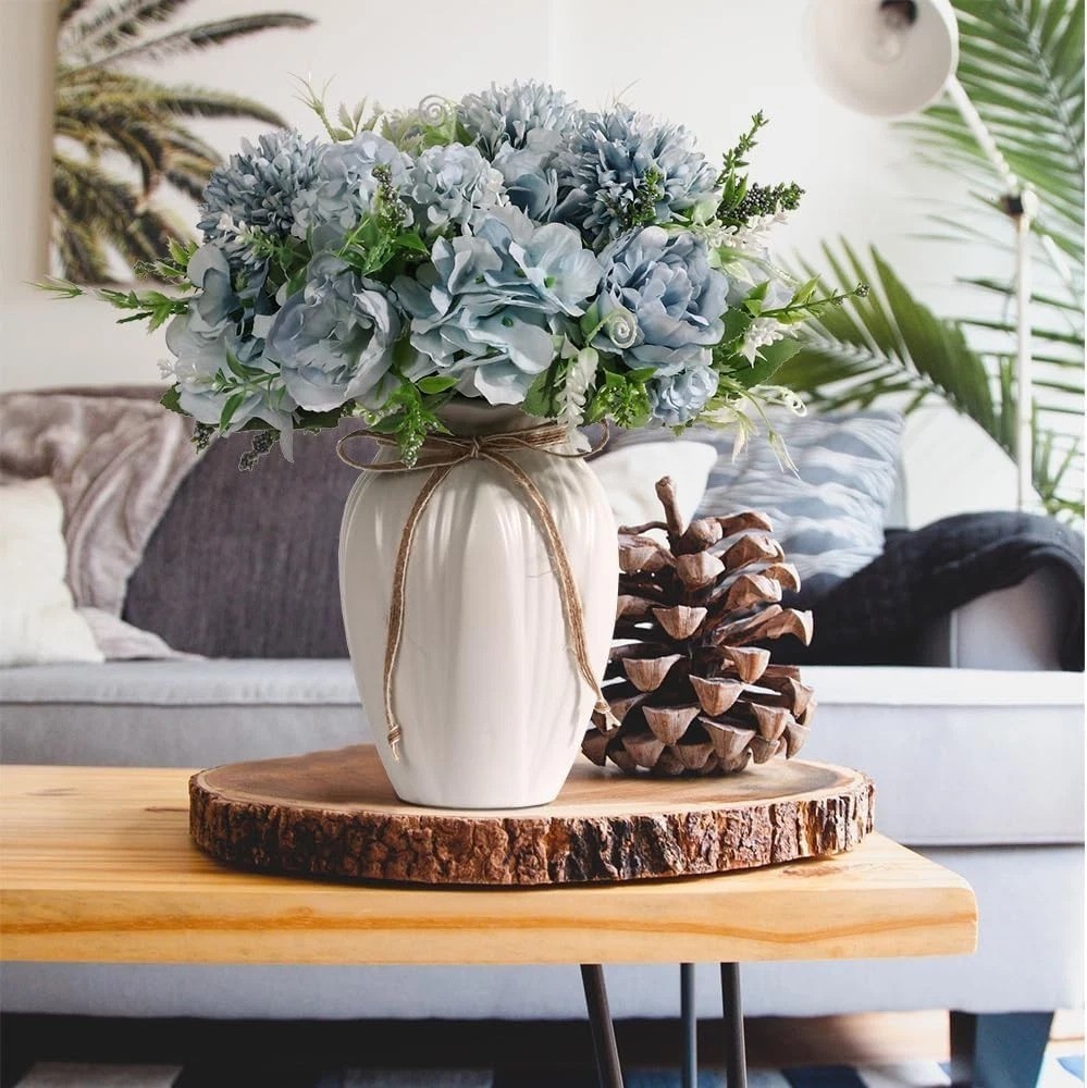 Chic Blue Faux Flower Bouquet with Ceramic Vase – Perfect Home Centerpiece