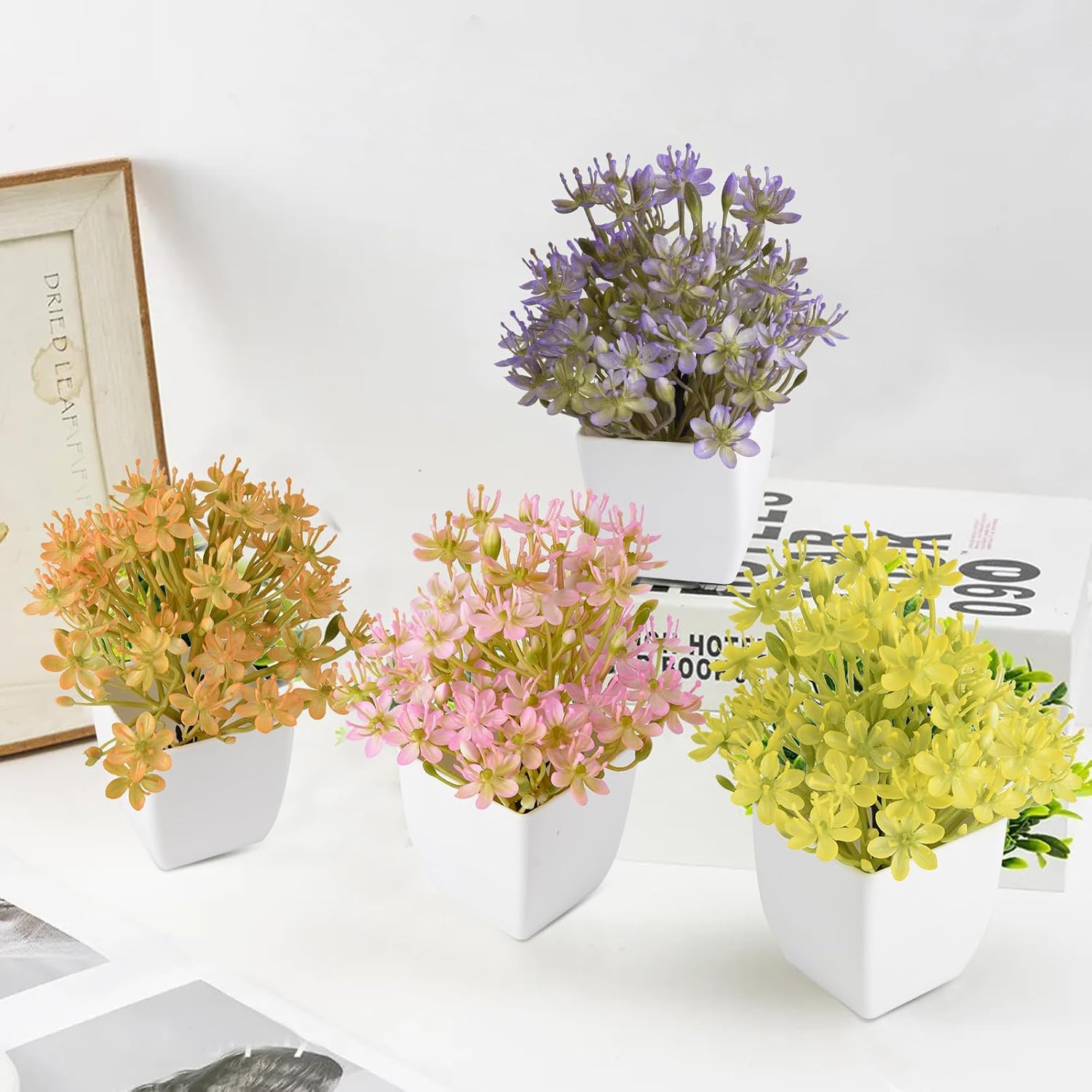 Artificial Mini Plants with Flowers, 4 Pack Fake Potted Plants, Indoor Home