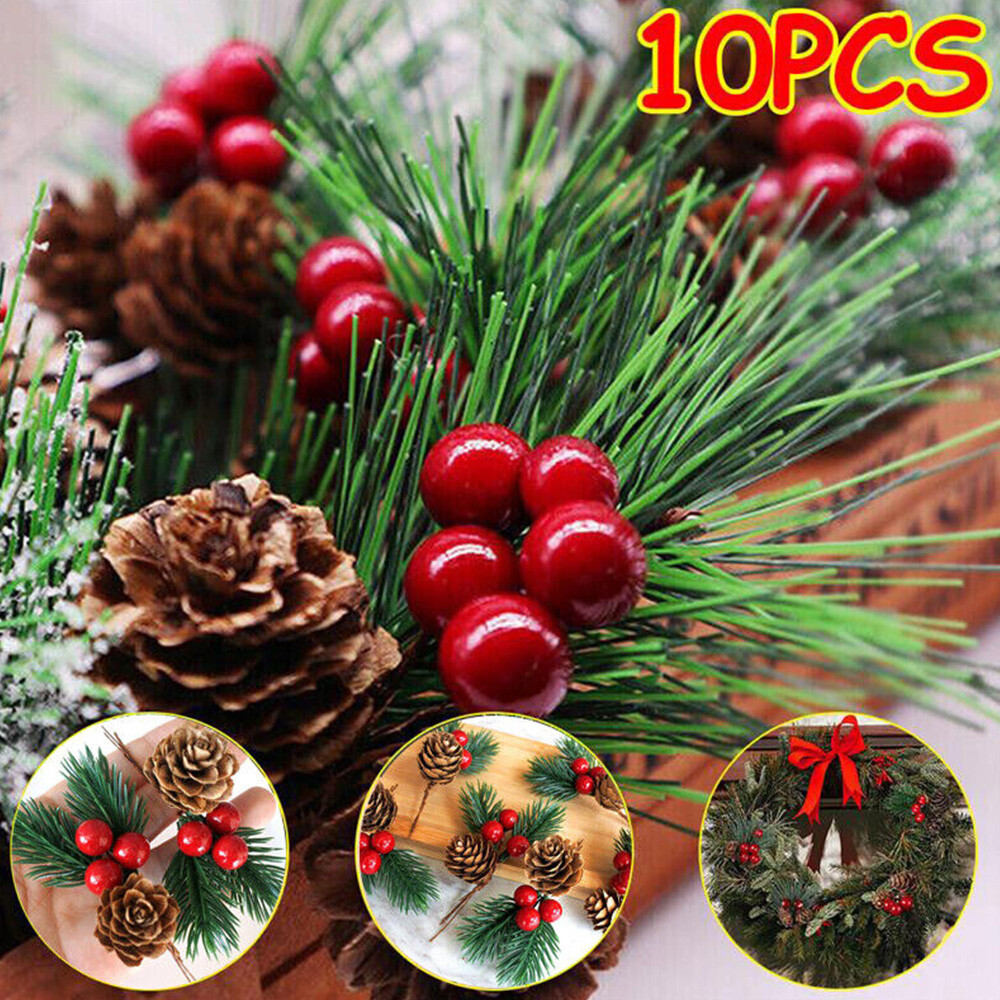 10pcs Red Christmas Berry Artificial Flower Pine Cone Branch Party Xmas Supplies