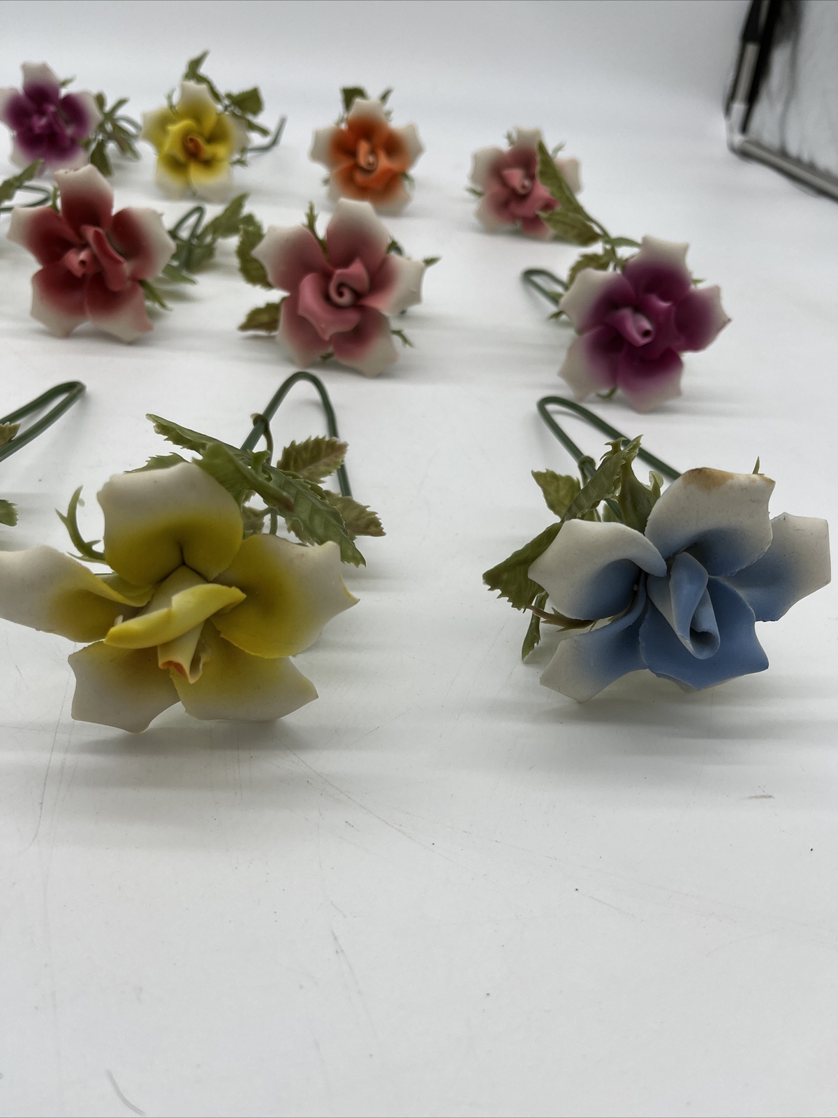 12 vintage stemmed porcelain flowers ceramic no chips