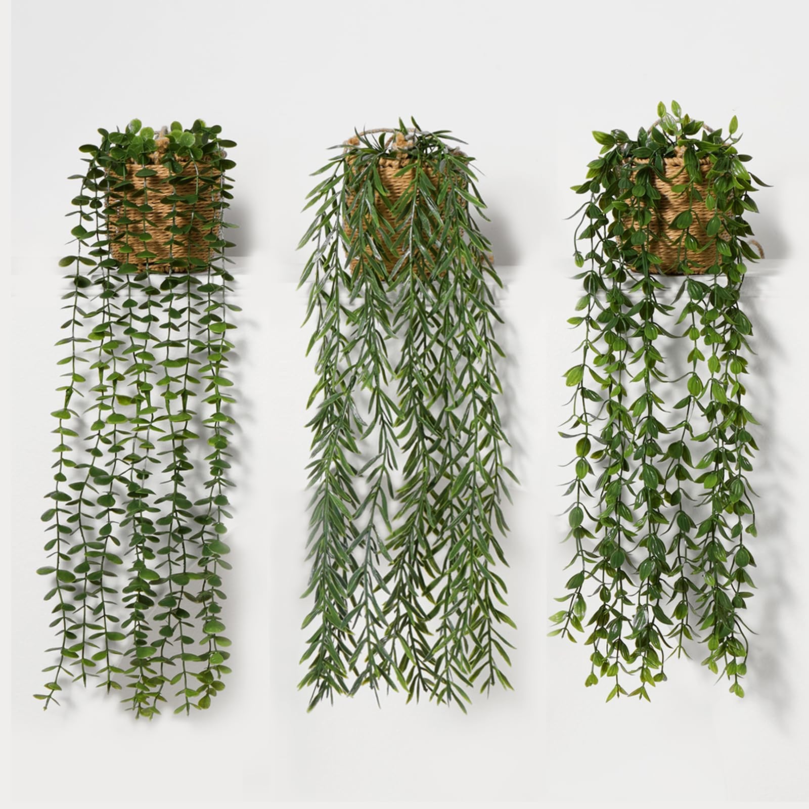 3 Pack Artificial Hanging Plants in Boho Handwoven Baskets for Living Room, B…