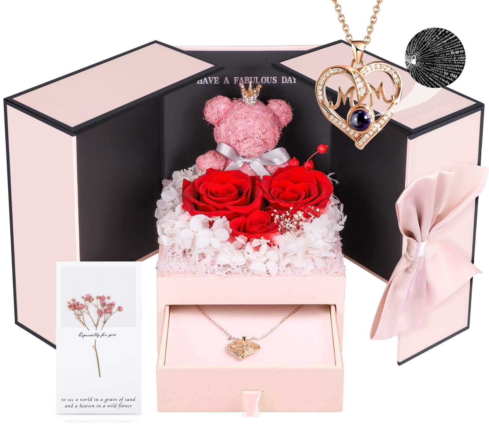Preserved Real Roses with I Love You in 100 Languages Mom Necklace Set, Uniqu…