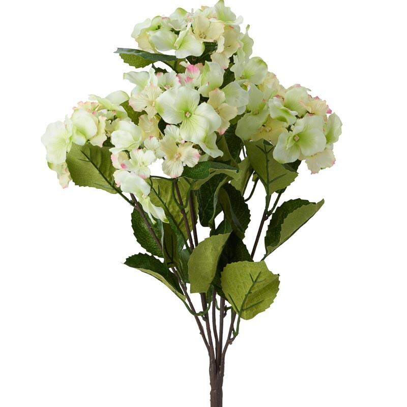 Factory Direct Craft Cream and Green Poly Silk Hydrangea Floral Bush