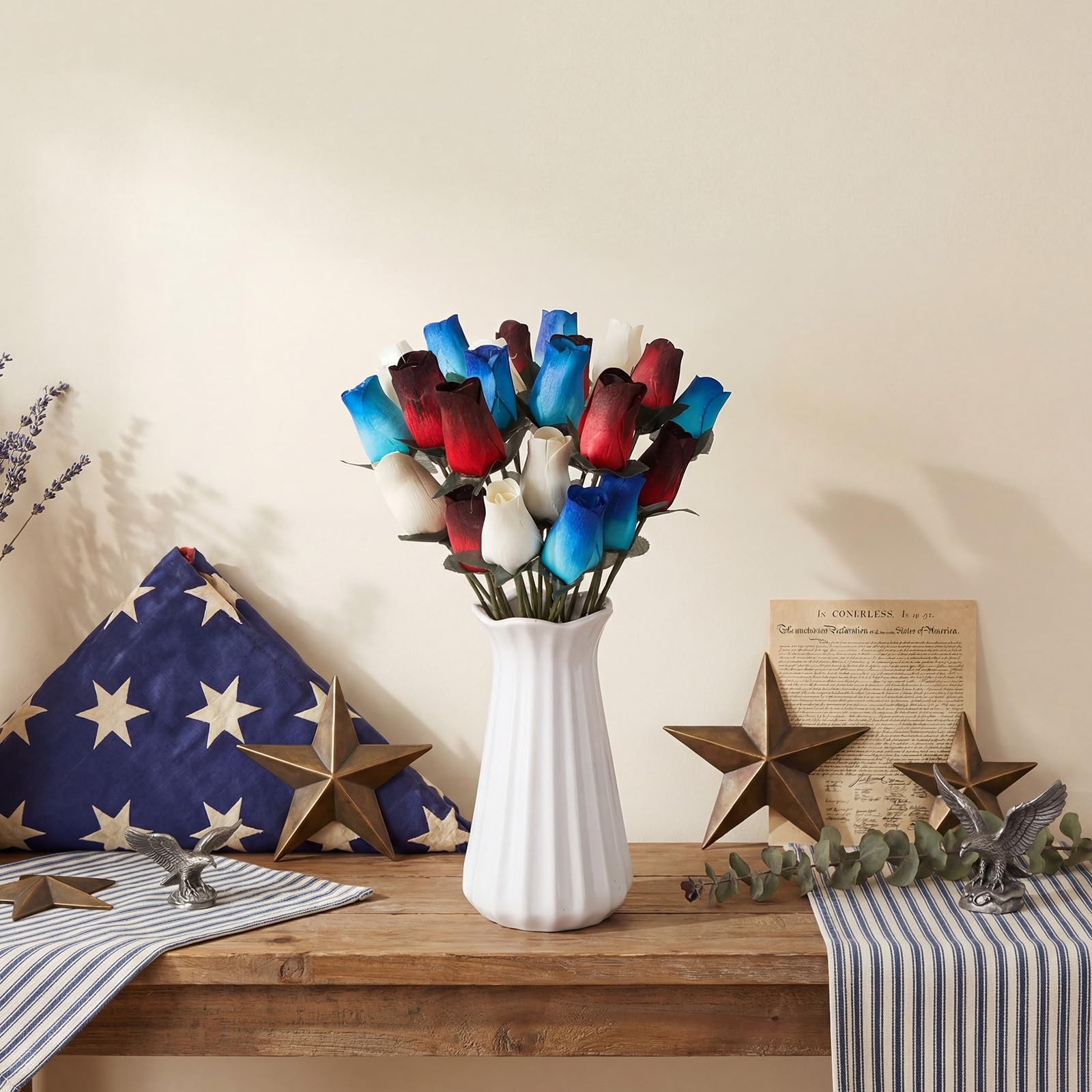 24 Pcs Realistic Patriotic Wooden Roses, 13 Inch Red Blue White Patriotic Bea…