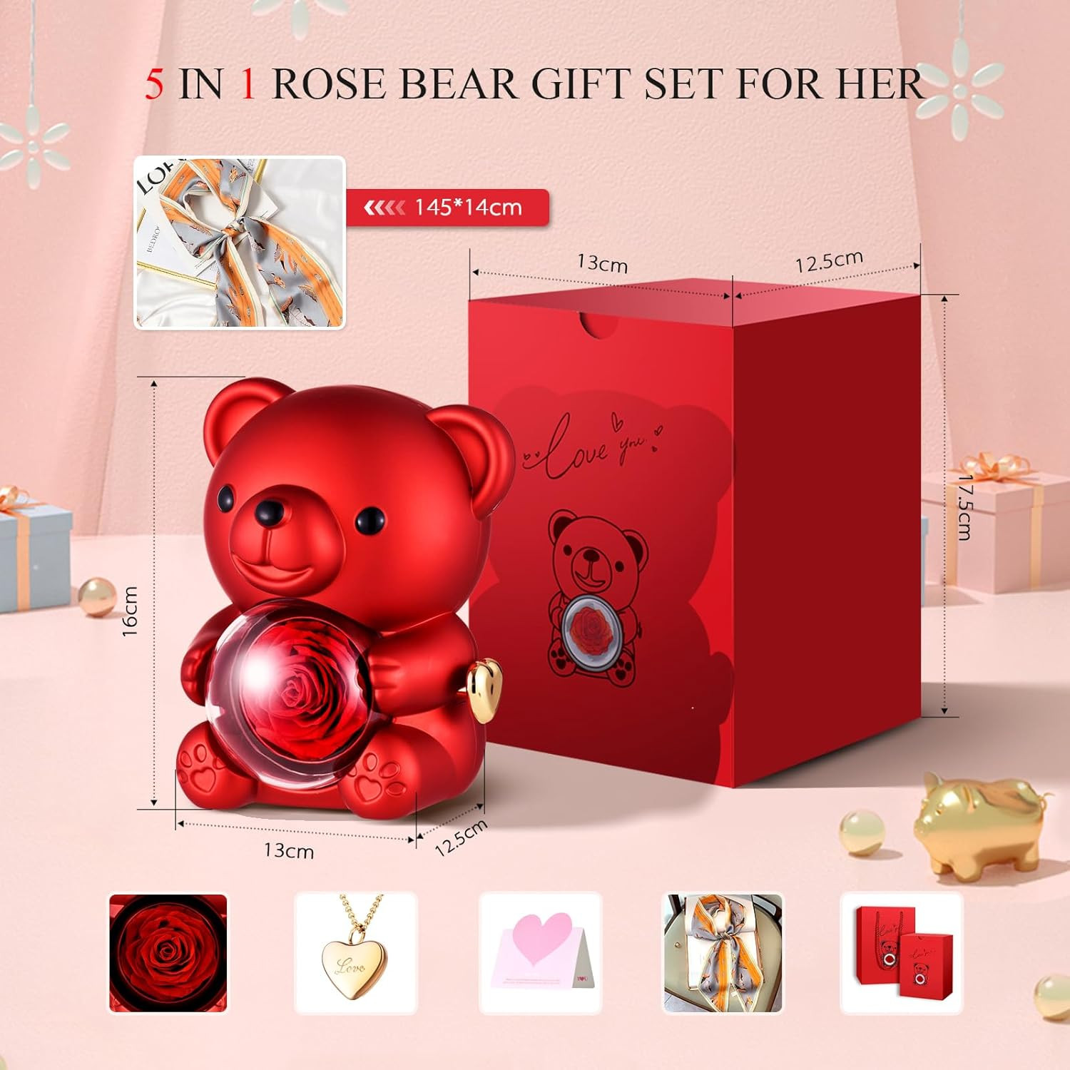 Romantic Hug Teddy Bear with Necklace, Preserved Red Rose, Gift Box for Women