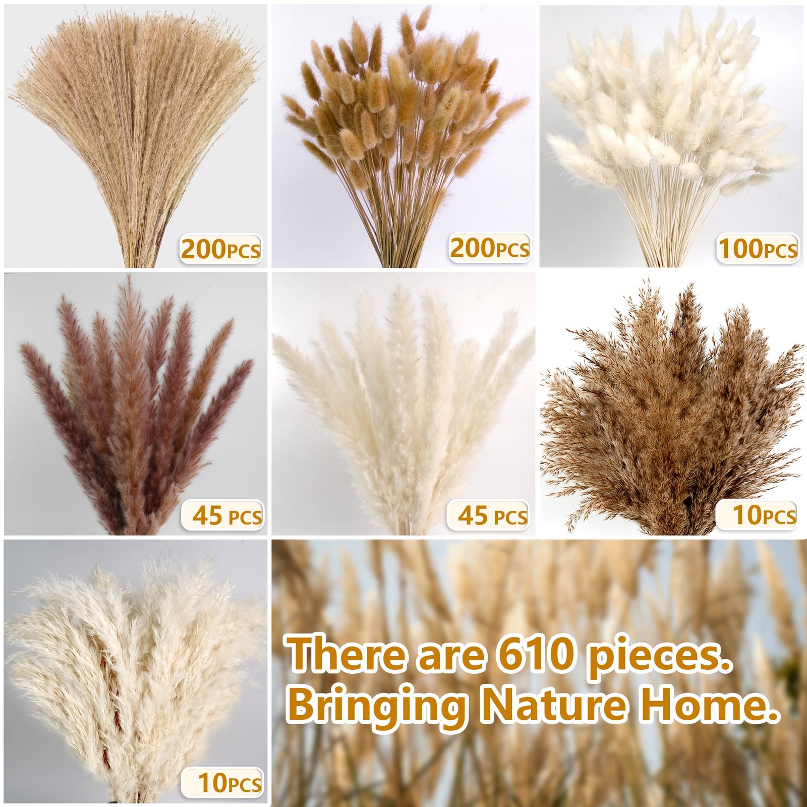 610 PCS Dried Pampas Grass Decor, Dried Flower Bouquets for Wedding, Home, Ce…