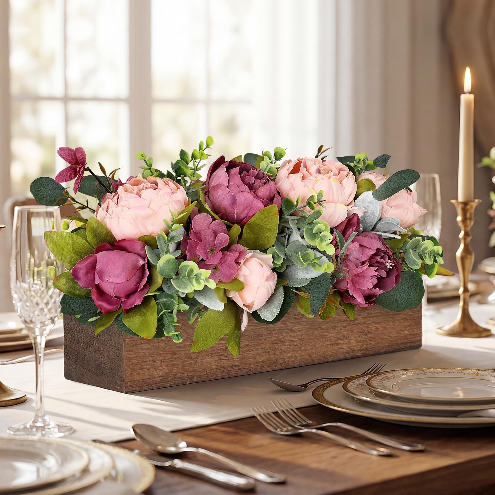 Dusty Mauve Pink Artificial Peony Fake Flower Wood Tray Table Centerpieces