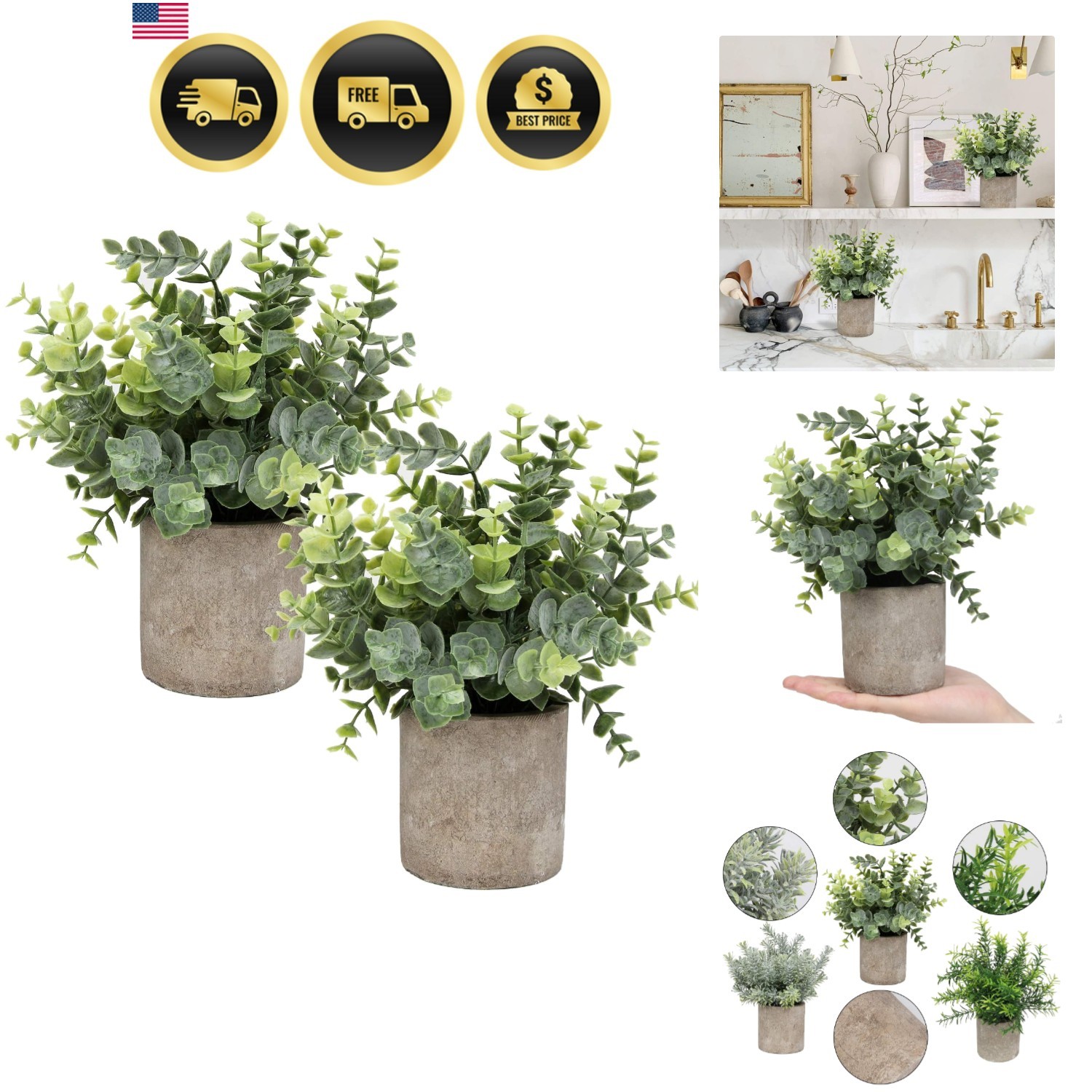 Mini Potted Plants Artificial Eucalyptus Boxwood Rosemary Faux Herbs Small Ho…