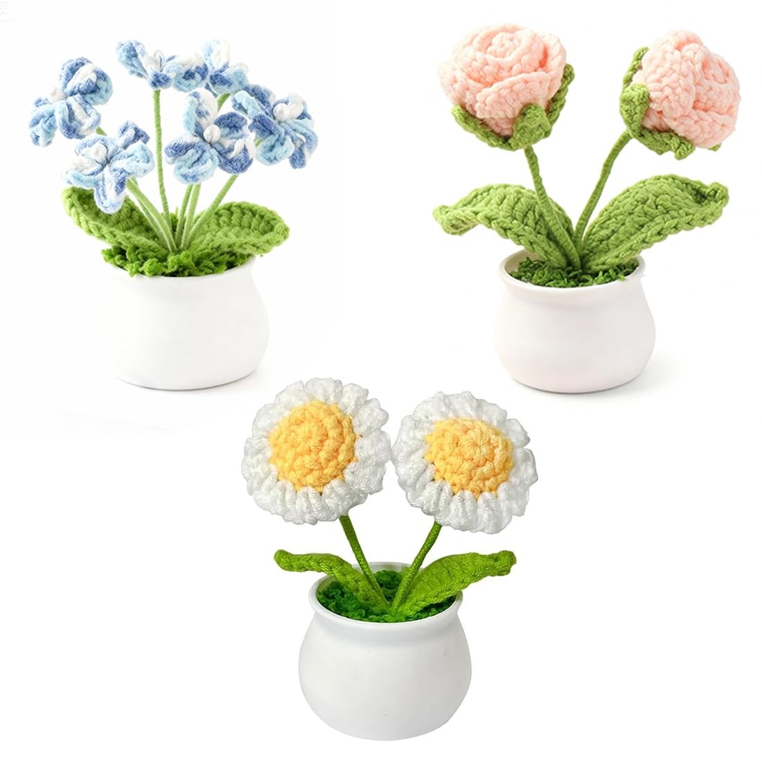 Crochet Flowers Pot Set Daisy Rose Forget Me Not Small Potted 3 PCS Gift