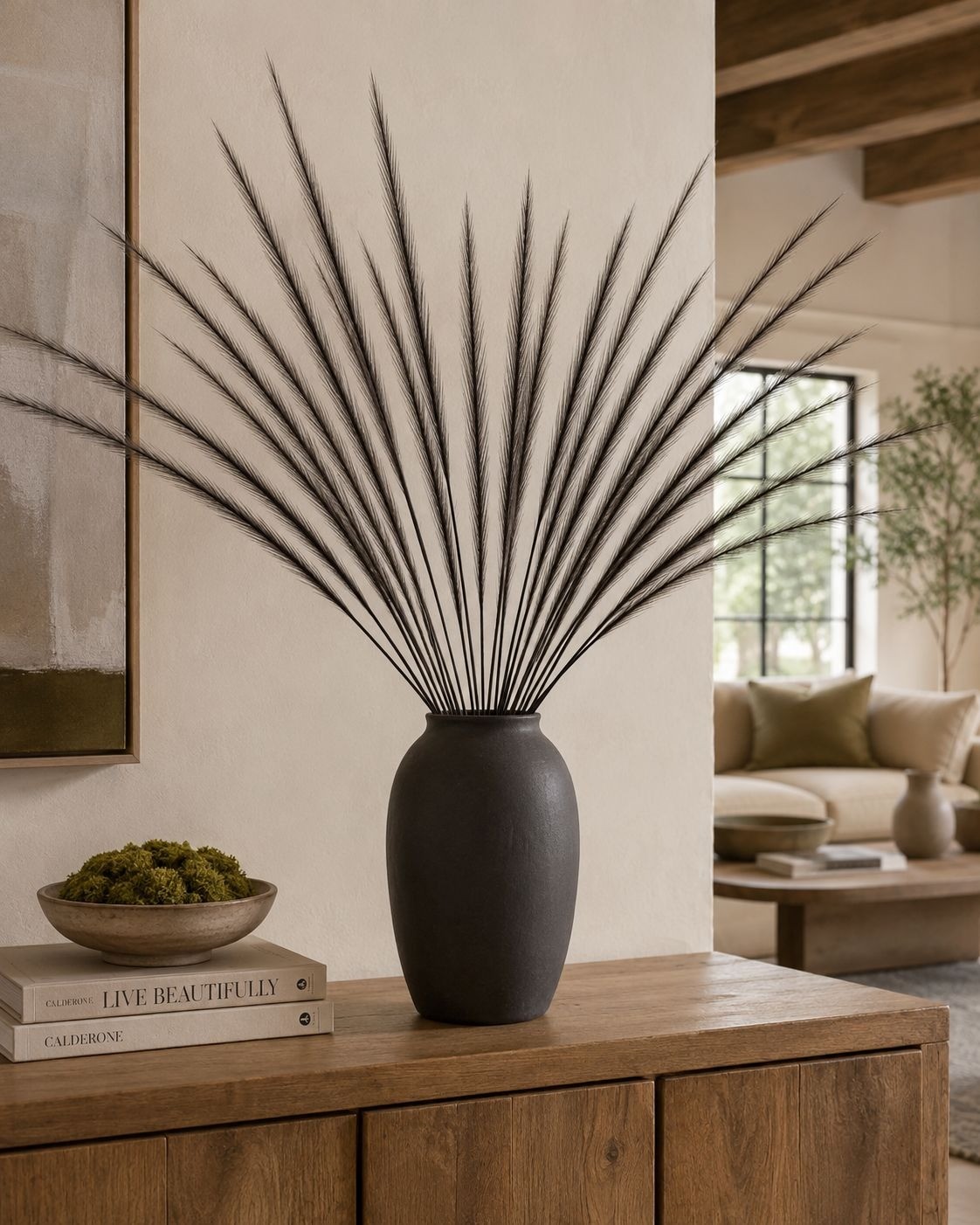 Black Pampas Grass Stems, 16 Artificial Wispy Faux Grass Stems, 31 Inch Tall Mod