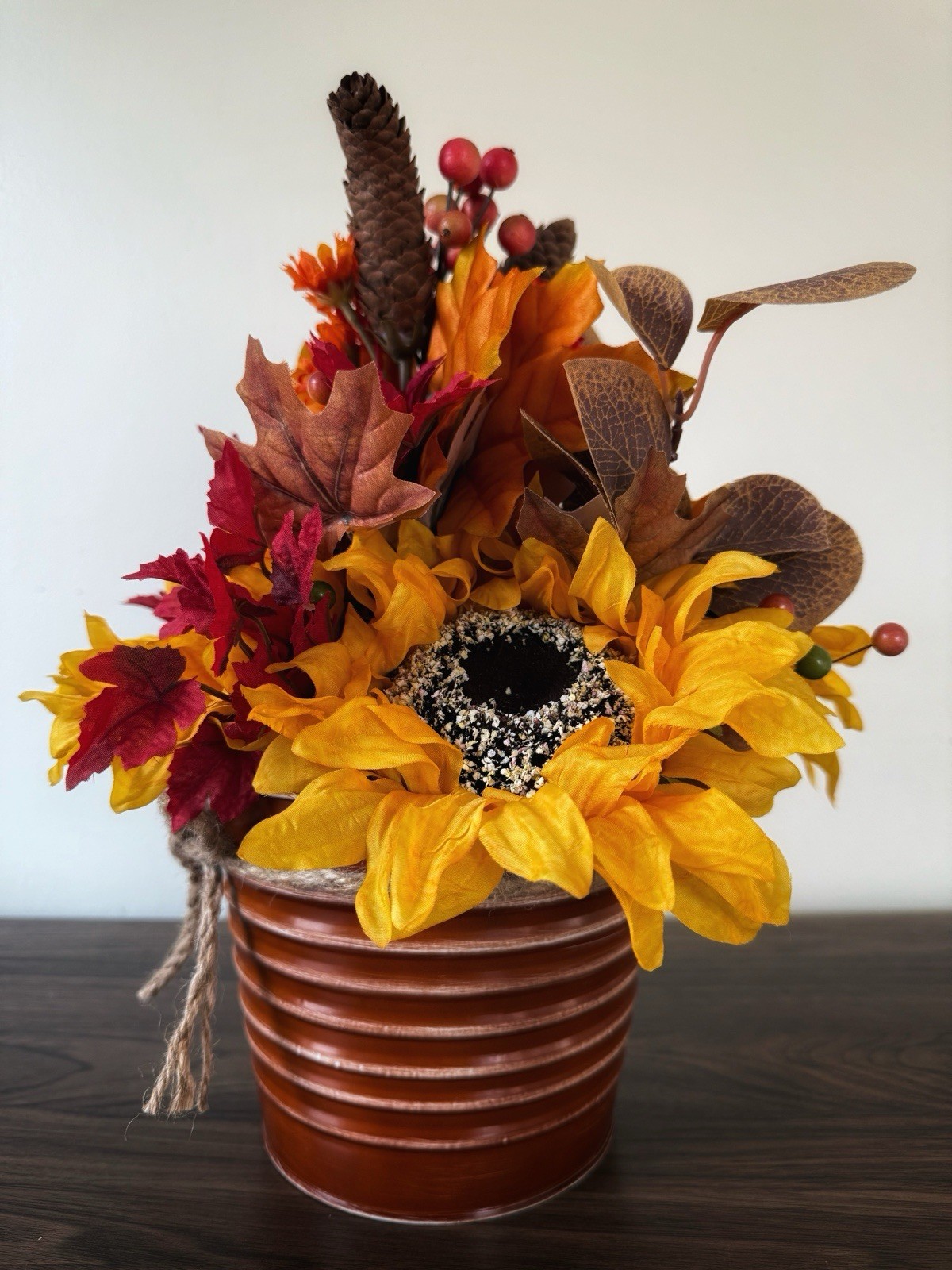Handmade Fall Colors Centerpiece In A Warm, Festive Tin With Silk Flowers