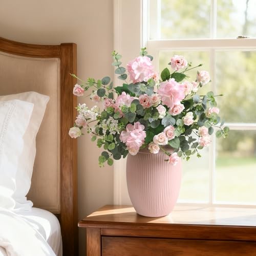 10pcs Faux Silk Rose Artificial Flowers, Bulk Fake Eucalyptus with Pink Rose