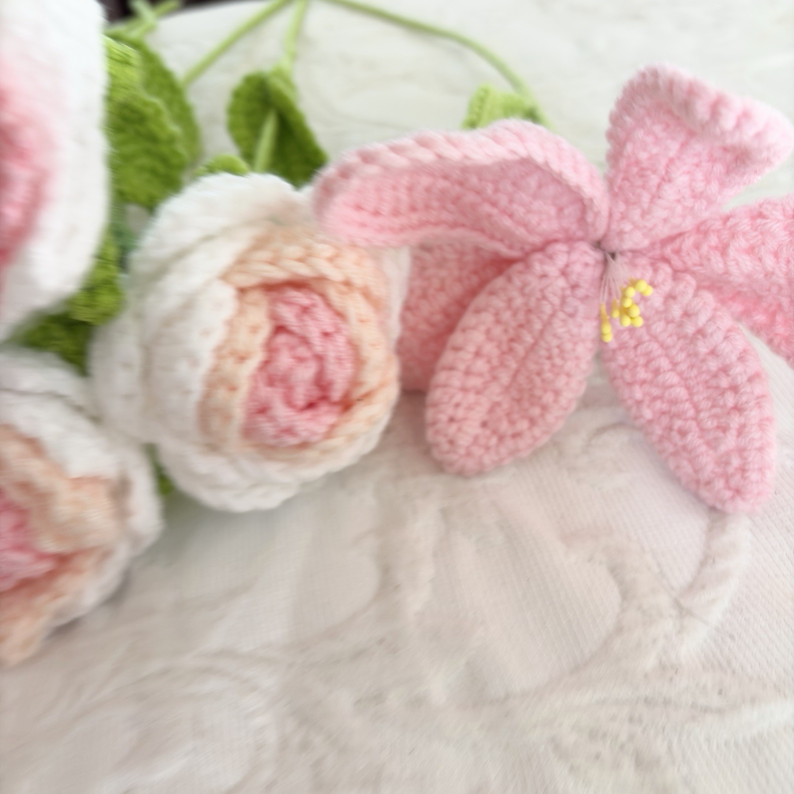 Handmade Crochet Flower Bouquet Pink Roses Lily Knit Flowers Gift Home Decor
