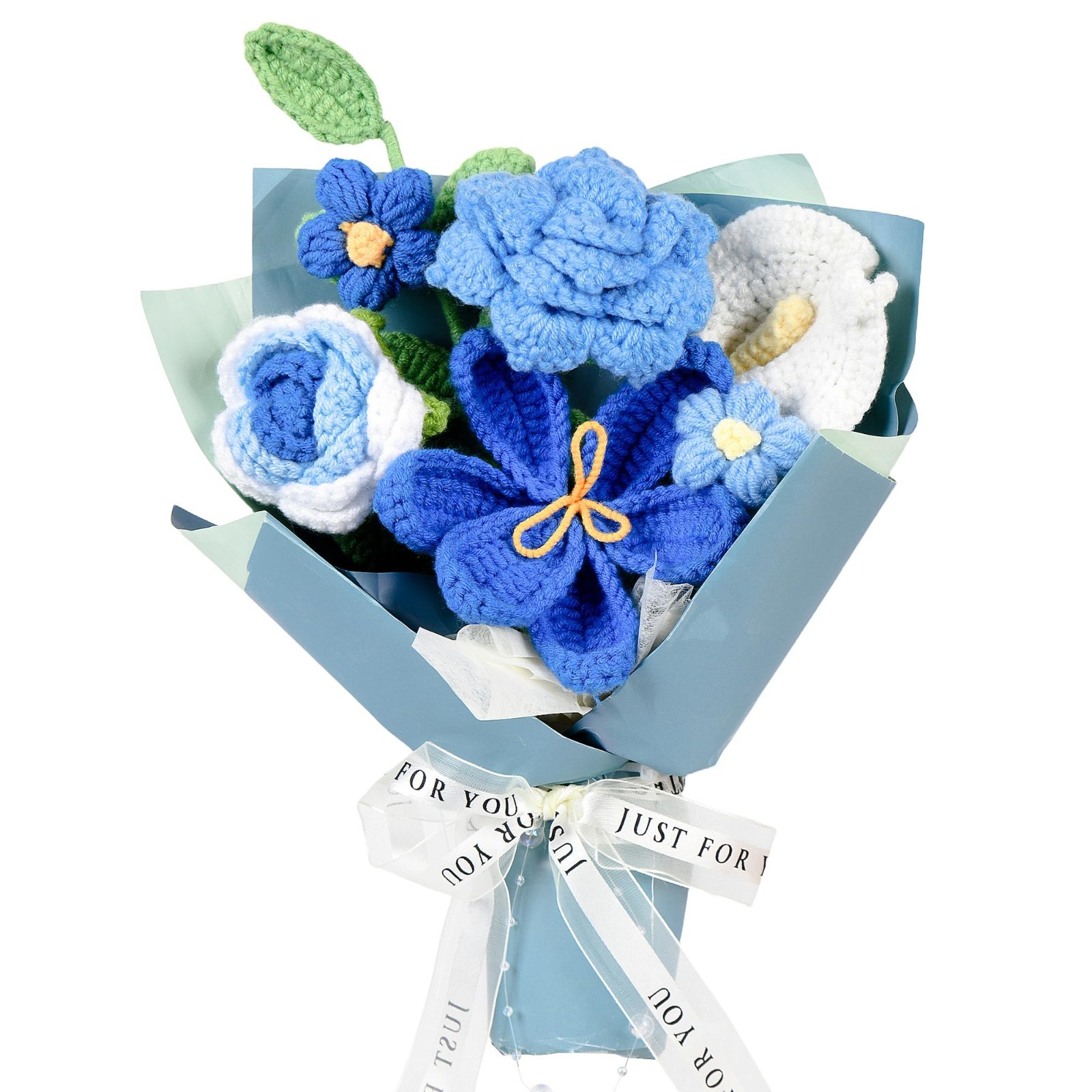 Handmade Crochet Flower Bouquet – Blue Floral Gift Set with Box, Bag & Card