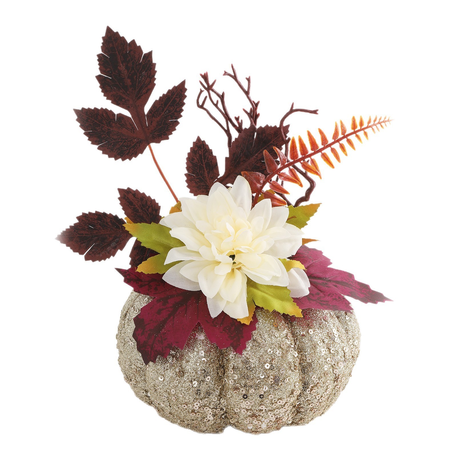 Table Centerpiece: Glitter Pumpkin with Silk Dahlias and Printed Leaves