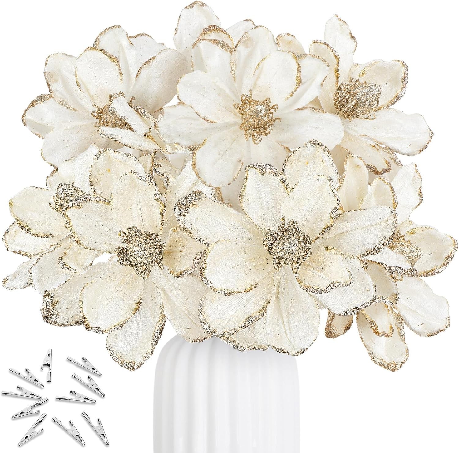 XunYee 10 Pcs Christmas Glitter Flowers Magnolia Flowers Christmas Tree Decor…