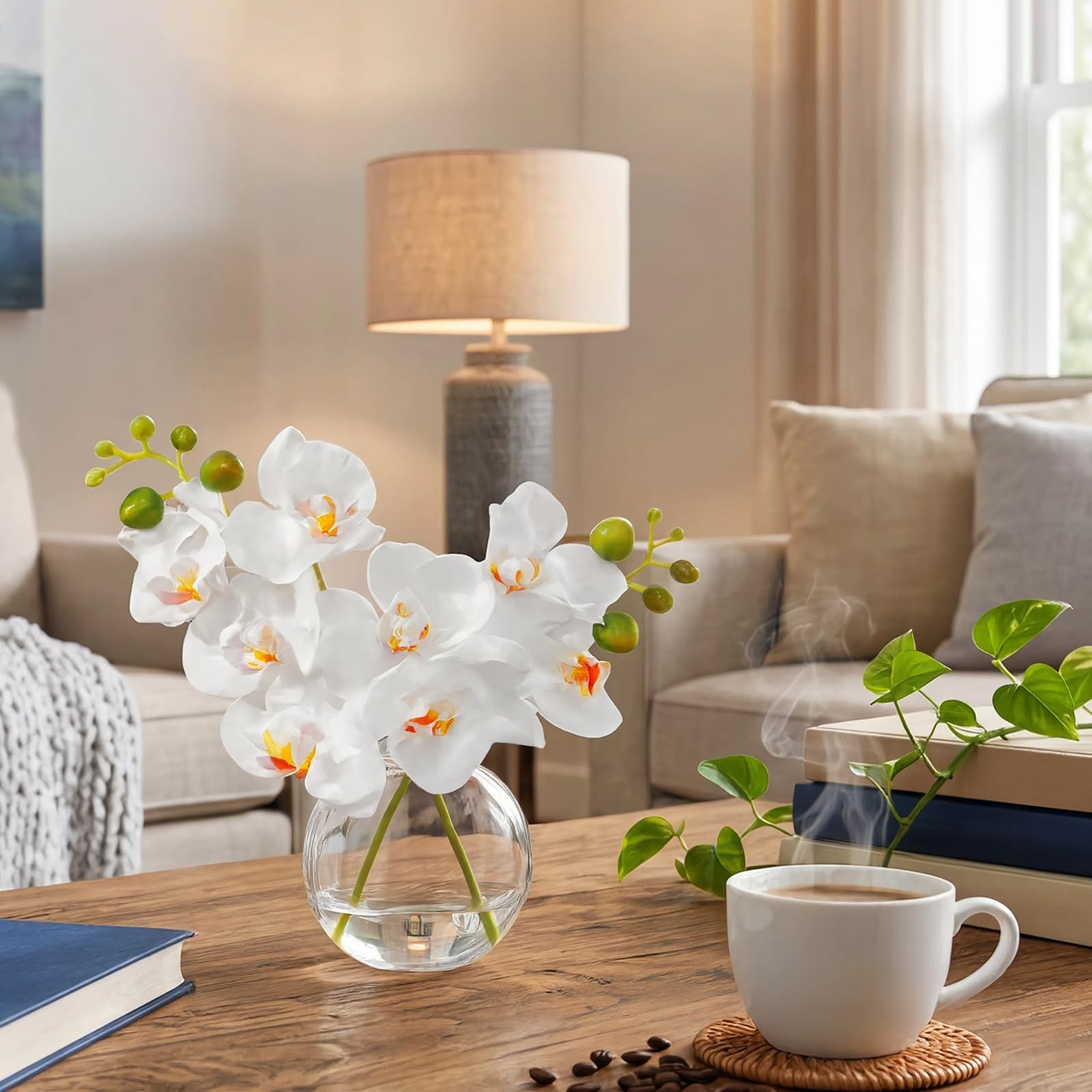 White Textured Coated Silk Artificial Orchid Flowers with Clear Glass Vase an…