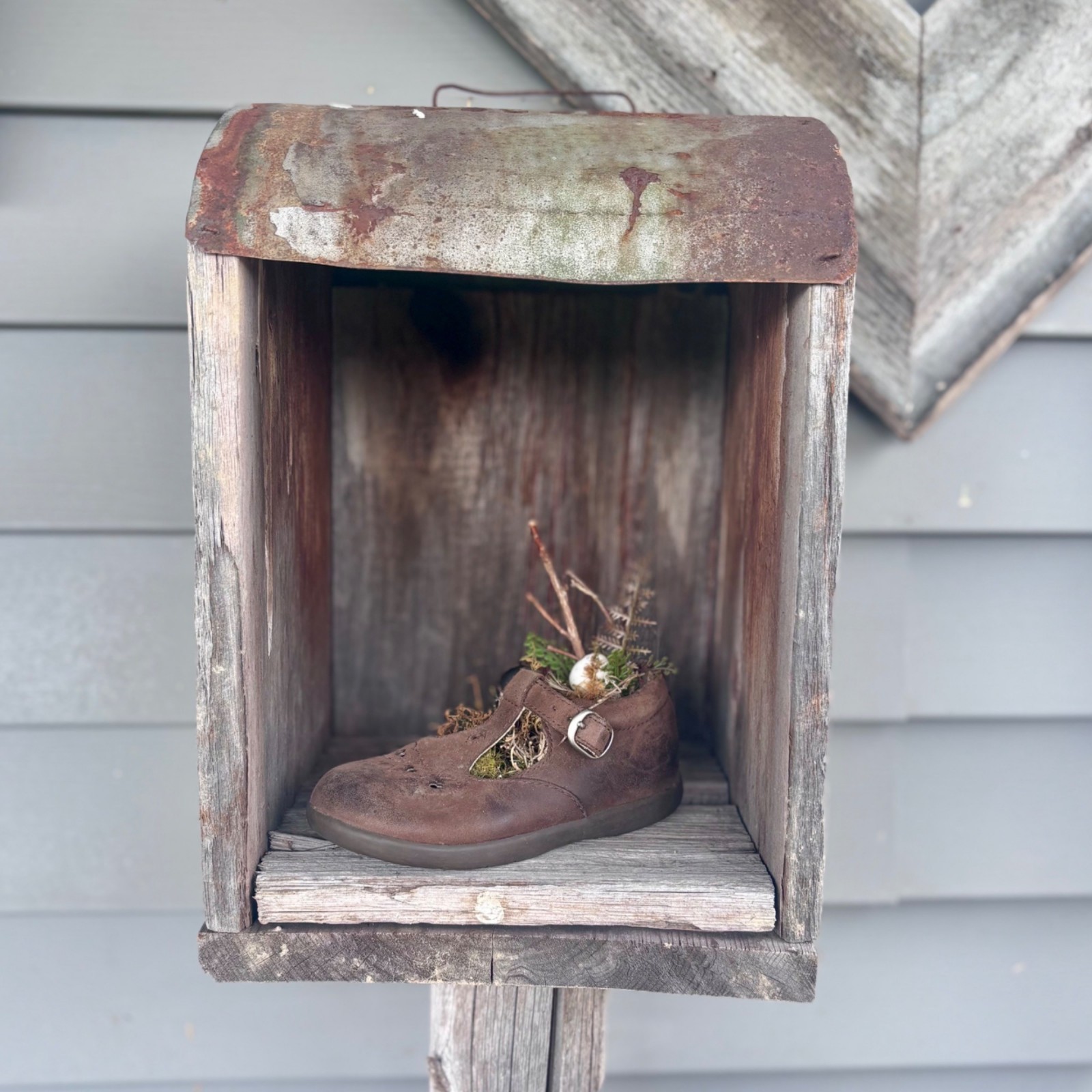 Child’s Shoe Assemblage with Secret Woodland Nest Whimsical Fairycore