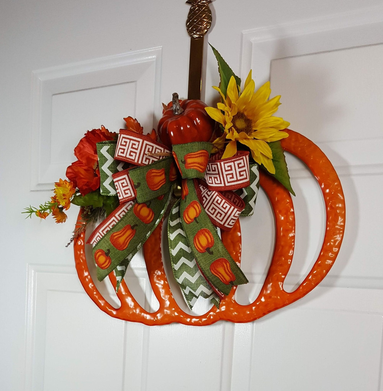 Orange Enamel Fall Pumpkin Wreath, Fall Halloween Decor, Sunflowers & Leaves